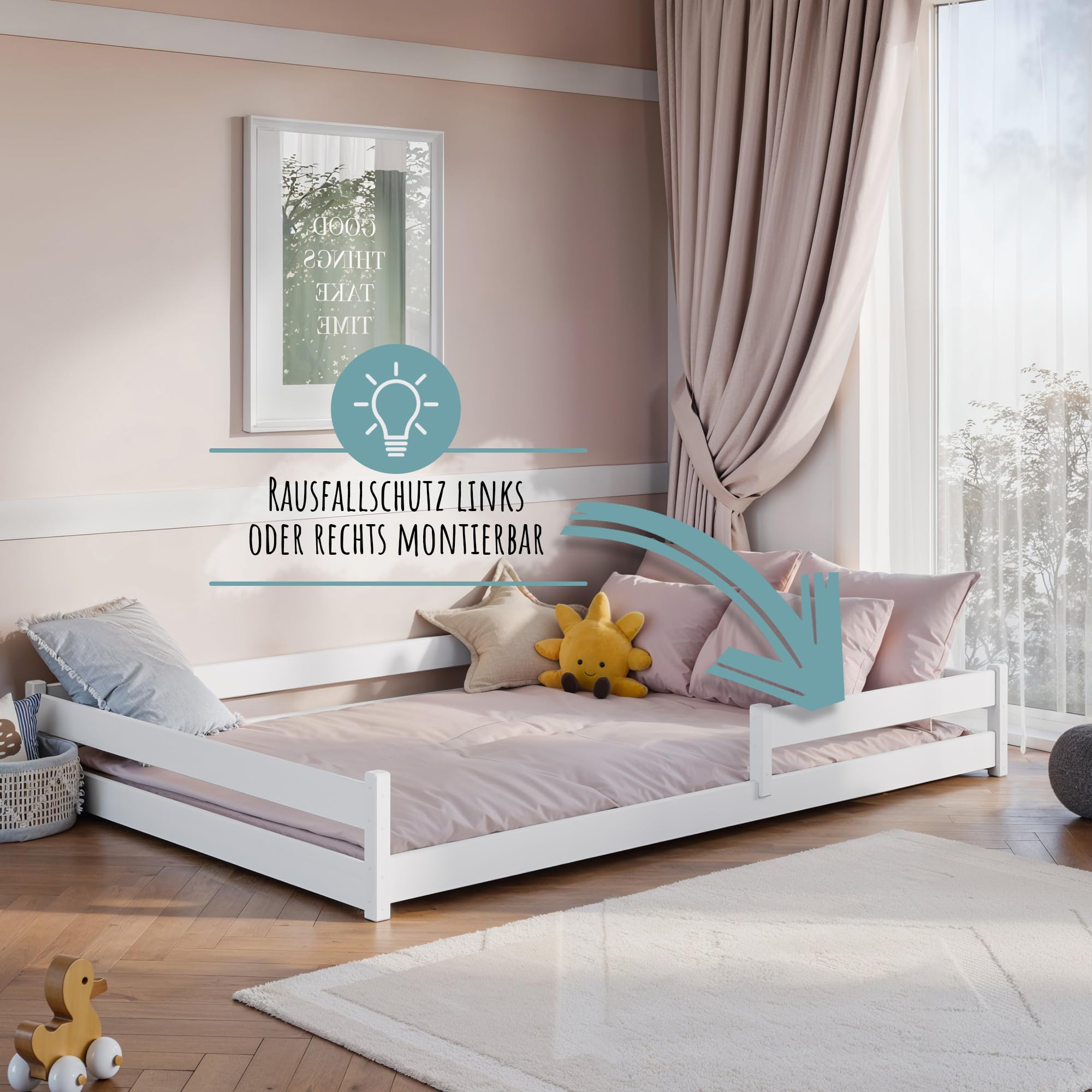 Kids Collective Kinderbett Bodenbett 140x200 cm mit Rausfallschutz & Lattenrost Montessori Bett Bed Gitterbett Kinder Jugendbett Einzelbett optional mit Matratze | weiß