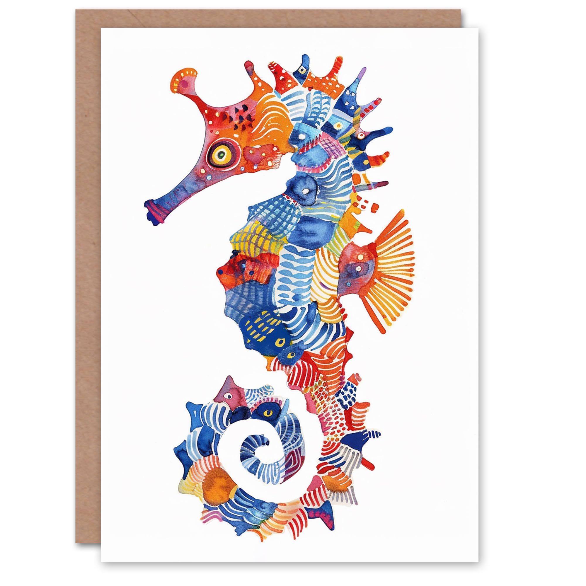 Artery8 Colourful Pattern Watercolour Seahorse Folk Art Blank For Him Or Her Art Birthday Card