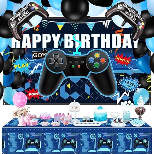 Miniatura 6 de Skylety Juego de 34 piezas de decoración de cumpleaños para jugadores, suministros de fiesta de videojuegos, incluyendo telón de fondo de feliz