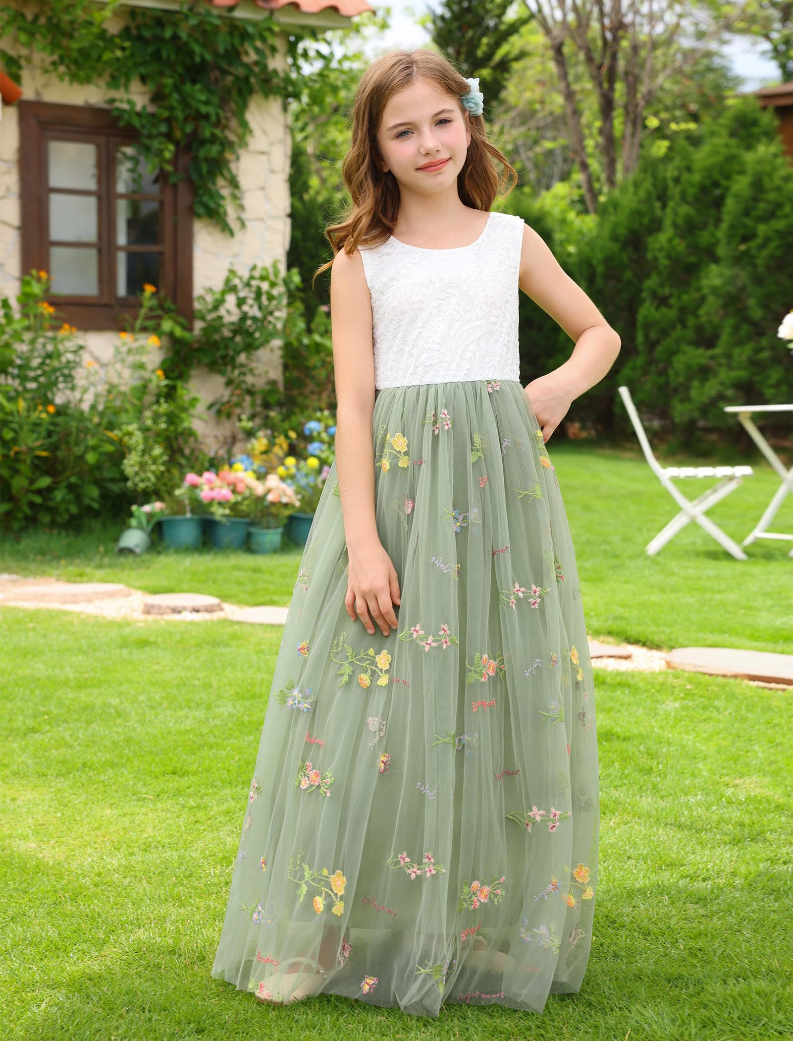 Vestido de encaje elegante sin mangas para niña, con espalda en V, tul, fiesta, maxi vestido para niña, boda, dama de honor, primera comunión, cumpleaños, princesa