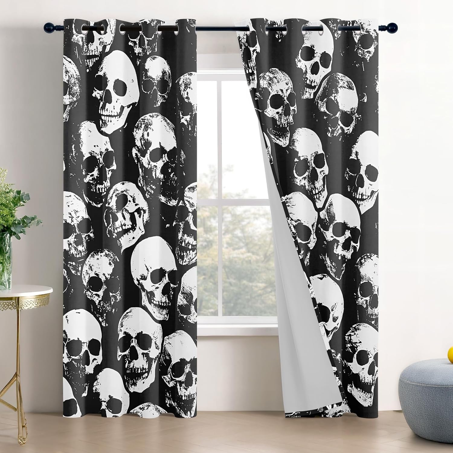 Skull Curtains 63 Inch Length - Gothic Skeleton Black and White Patterned Blackout Curtains for Living Room Bedroom, Room Darkening Grommet Drapes Window Treatments, 2 Panel Set