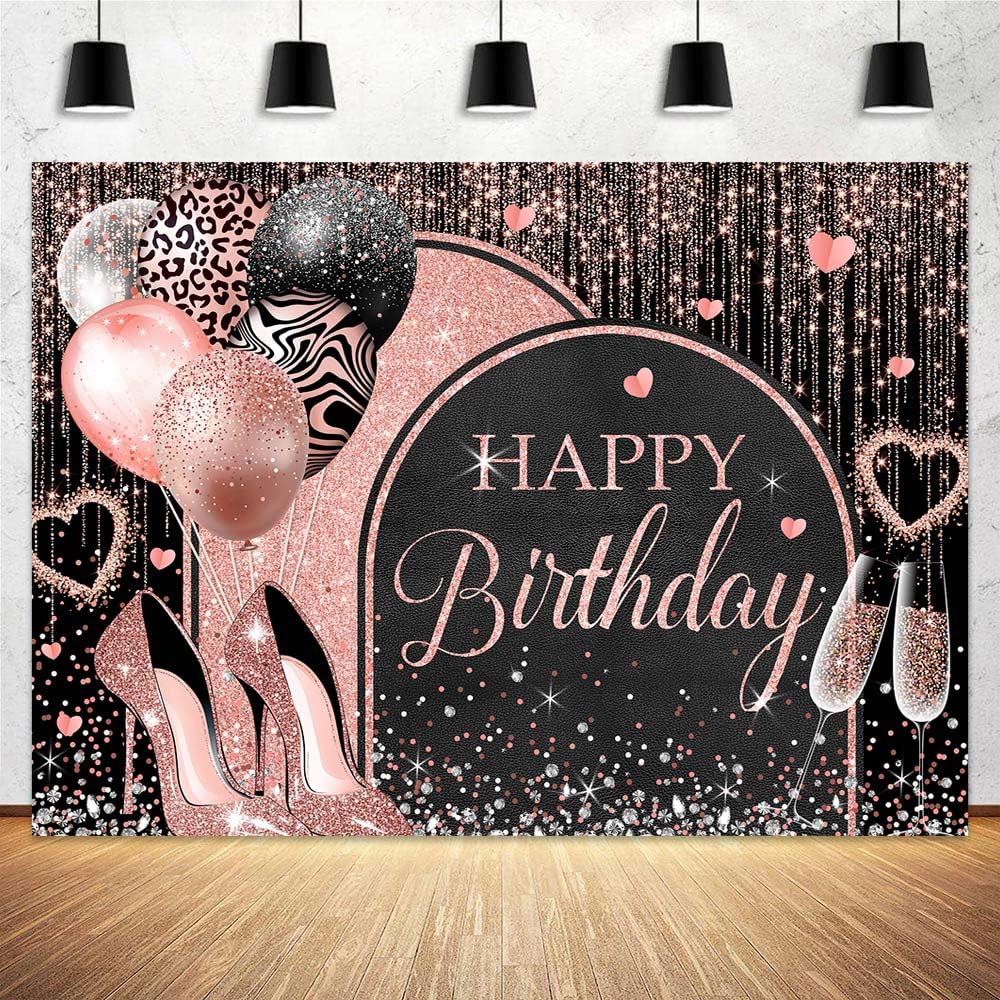 10x8ft Black Pink Rose Gold Happy Birthday Backdrop Party Decorations Glitter Balloon Birthday Party Backdrops for Women Girls Happy Birthday Banner