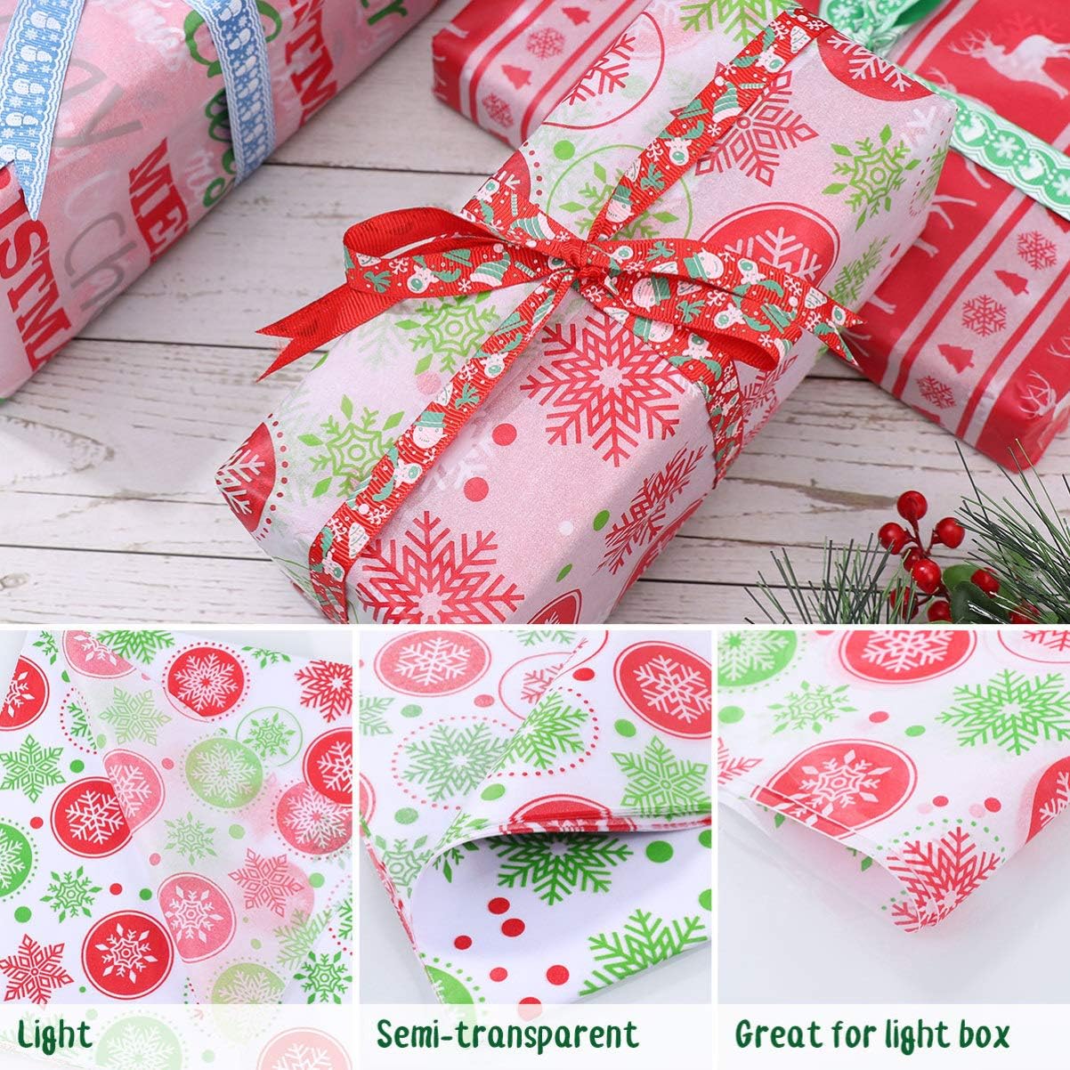Yardwe Christmas Tissue Paper - 150 Sheets Gift Wrapping Paper for Christmas Gift Wrapping Boxes DIY Crafts and Party Decorations, 20X20 Inch (10 Patterns)