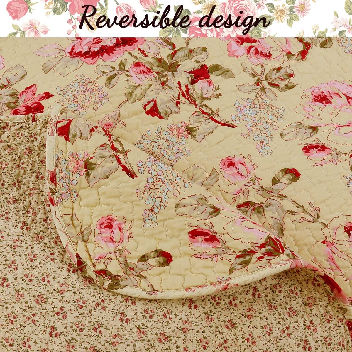 Cozy Line Home Fashions Lelia Pink Rose Blooming Floral Vintage Yellow 100% Cotton Reversible Quilt Bedding Set, Coverlet Bedspread (Rose Vivid, Queen - 3 Piece)