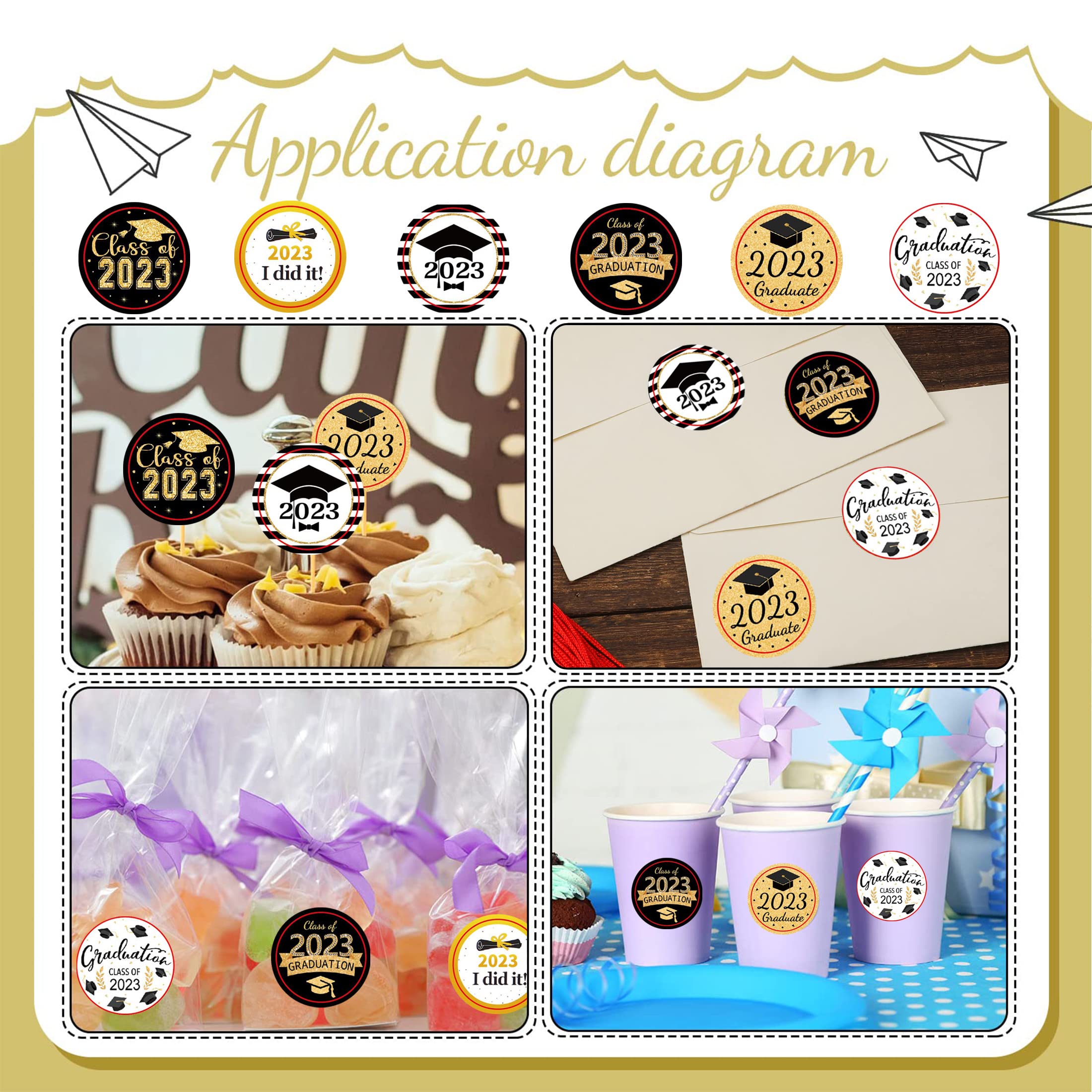 Lot de 500 autocollants de remise de diplôme en noir et or - Fournitures de fête autocollantes pour invitations, cartes, sacs cadeaux (2,3 cm
