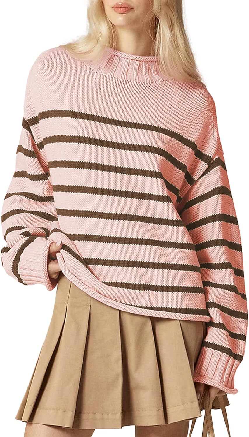 Oversized Sweaters for Women Roll High Neck Hem Long Sleeve Soft Chunky Cable Knit Striped Pullover Tops Outerwear