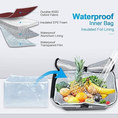 Miniatura 3 de LIQING - Cesta de picnic grande de 35 L, bolsas de compras para viajes, camping, 2 capas de bolsillos internos a prueba de fugas y aislamiento Rojo