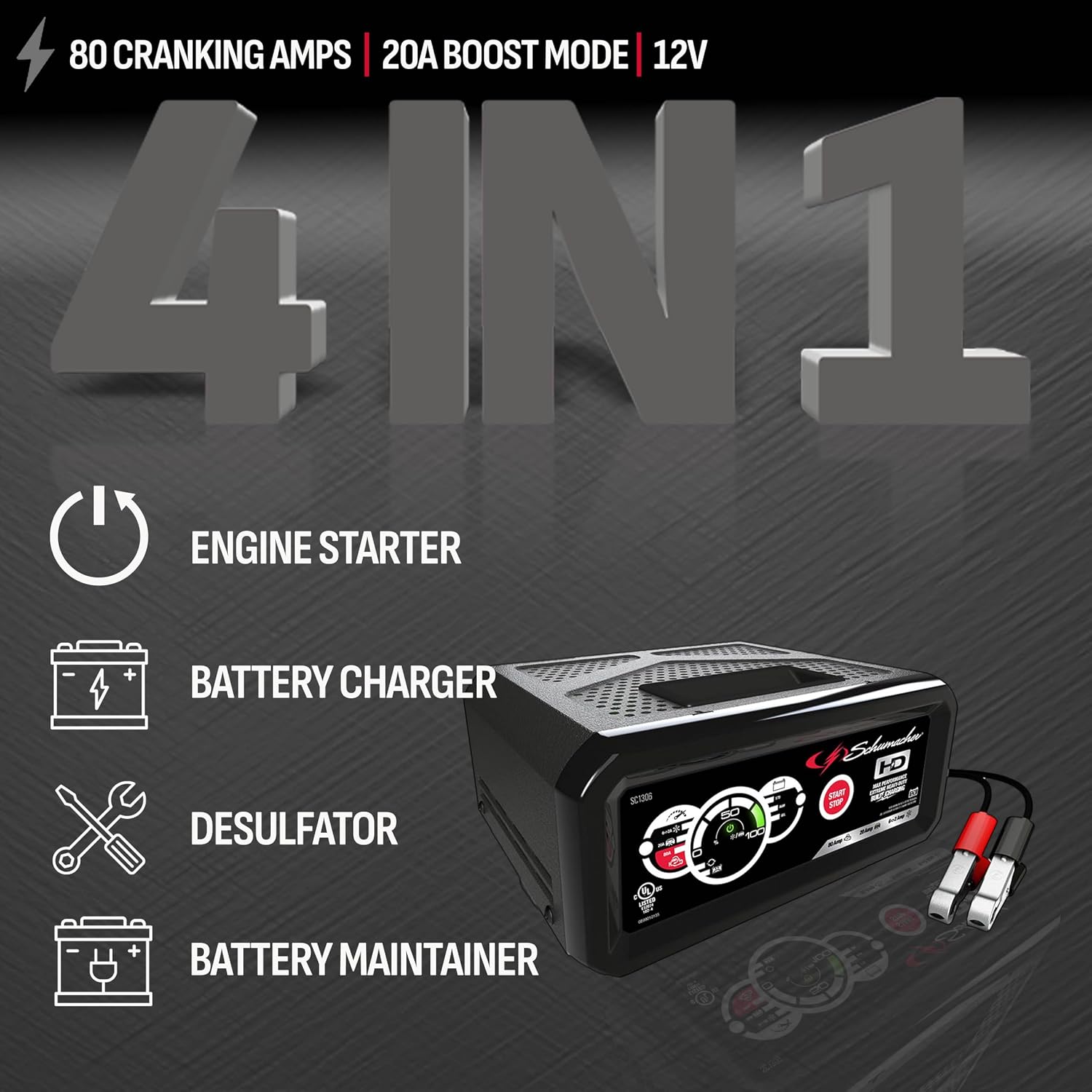 Schumacher Electric 6A Car Battery Charger and 80A Engine Starter, 4-in-1 Solution, Maintainer, 20A Boost, for 12V Power Sport, Automotive, and Marine Batteries, SC1306