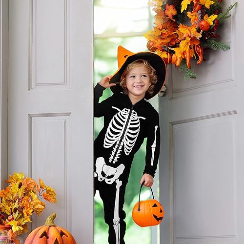 Miniatura 6 de SOMSOC Disfraz de esqueleto de Halloween para niños, guantes brillantes y overol que brilla en la oscuridad