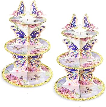 2 Pack Butterfly Cupcake Stand Birthday Party Decorations Supplies, Pink Purple Butterfly 3 Tier Cardboard Cupcake Stand Cup Cake Tower Dessert Display Holder Party Decor Favors