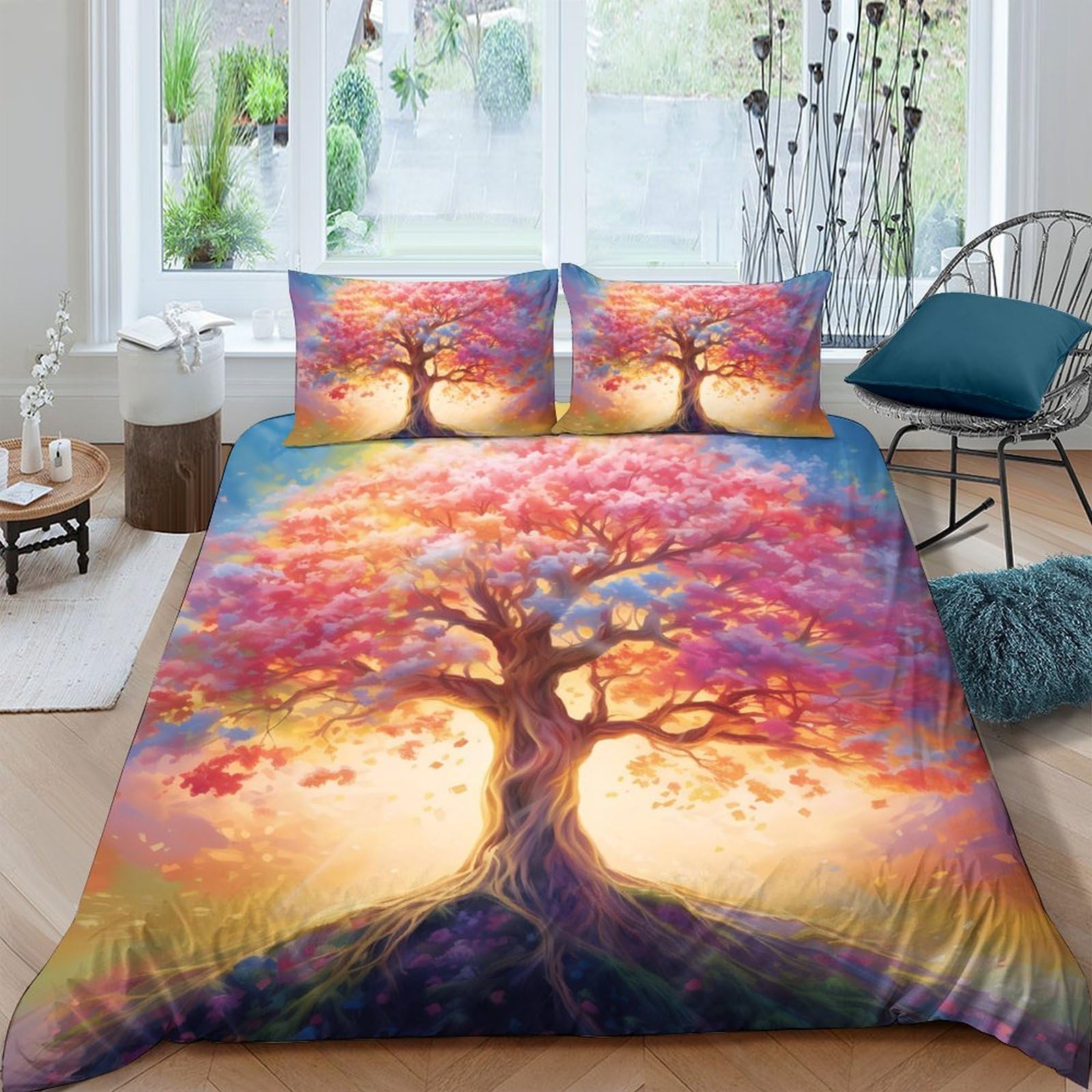 GPLZQXKJNH 3D Printed Fantasy Tree Duvet Cover Microfiber Soft Breathable Sunset Forest Bedding Set with 2 Pillowcases for Bedroom Decor Single（135x200cm）