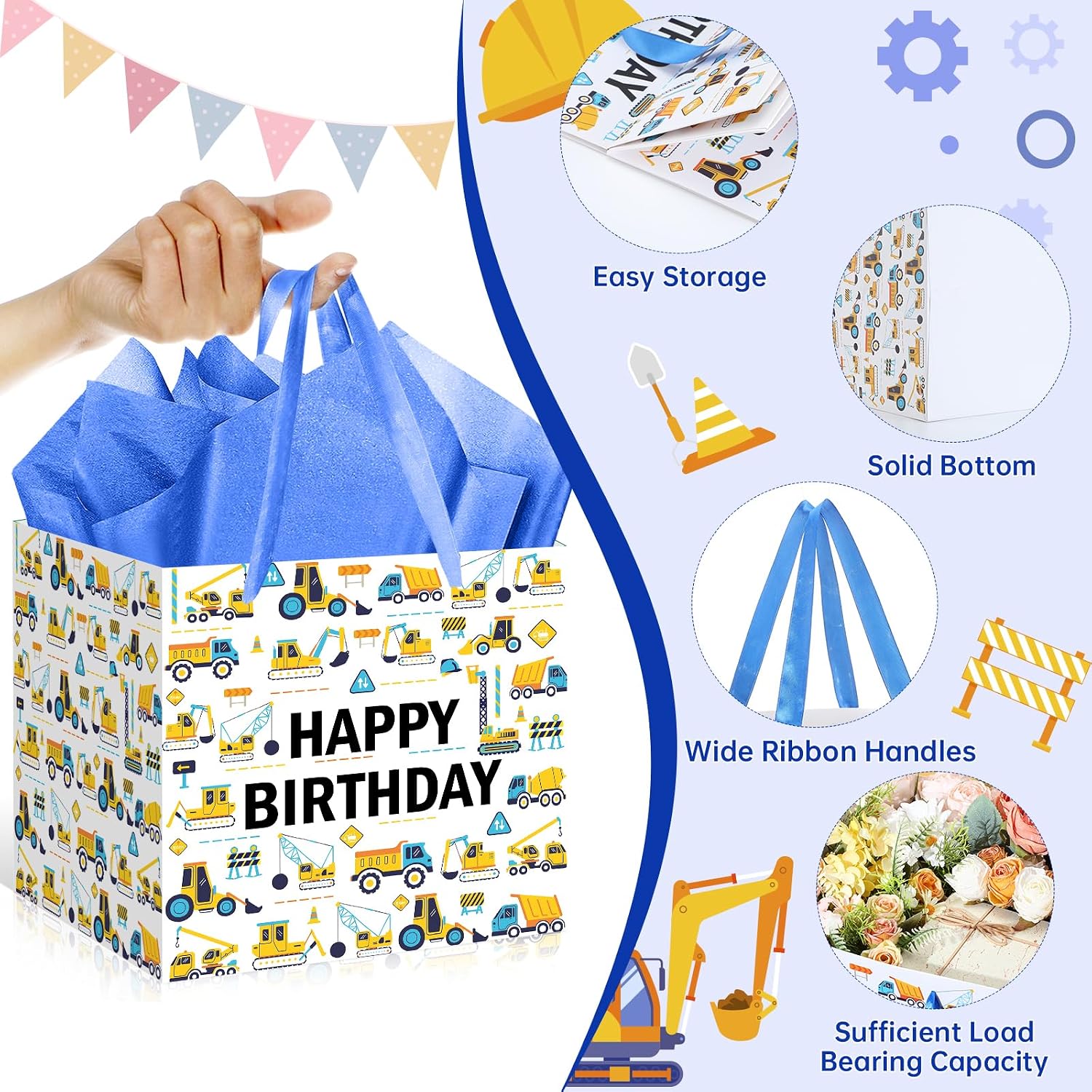 Extra Large Construction Birthday Gift Bags, Vehicle Truck Square Gift Bag with Tissue Paper Engineering Vehicles Excavator Design Jumbo Gifts Bag for Boy Kids Birthday Baby Shower Party Favors image 4