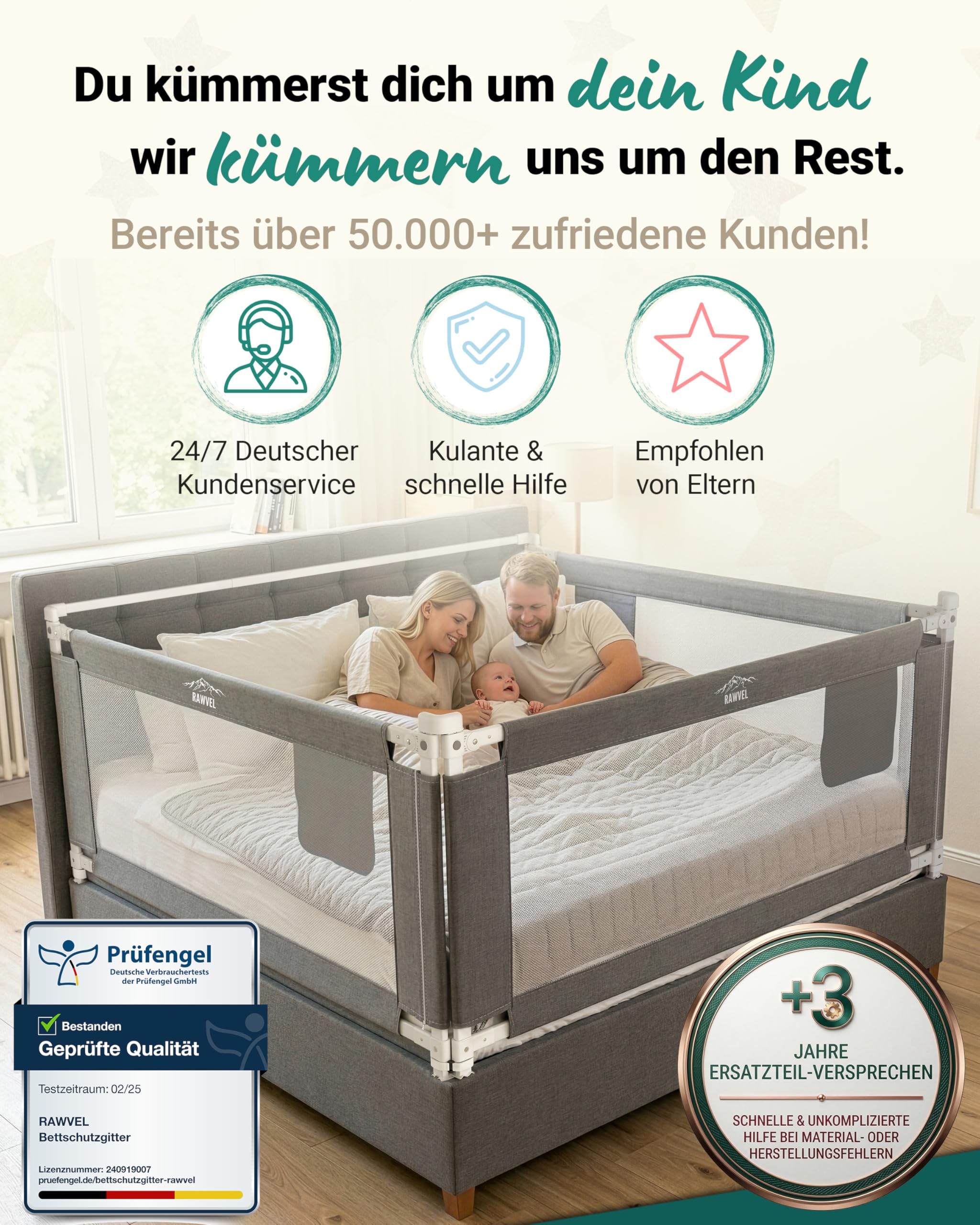 RAWVEL® Bettgitter Rausfallschutz Boxspringbett 200x200 cm 3 Seiten Komplett Set Stange
