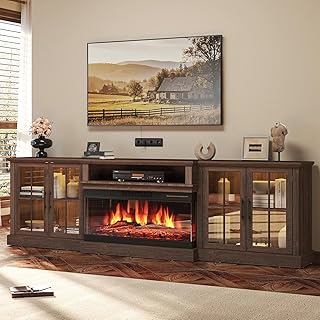 98" Farmhouse TV Stand with 36" Fireplace for TVs up to 100", Media Entertainment Center with Adjustable Shelves and Large Storage Cabinets, for Living Room, Brown & Black