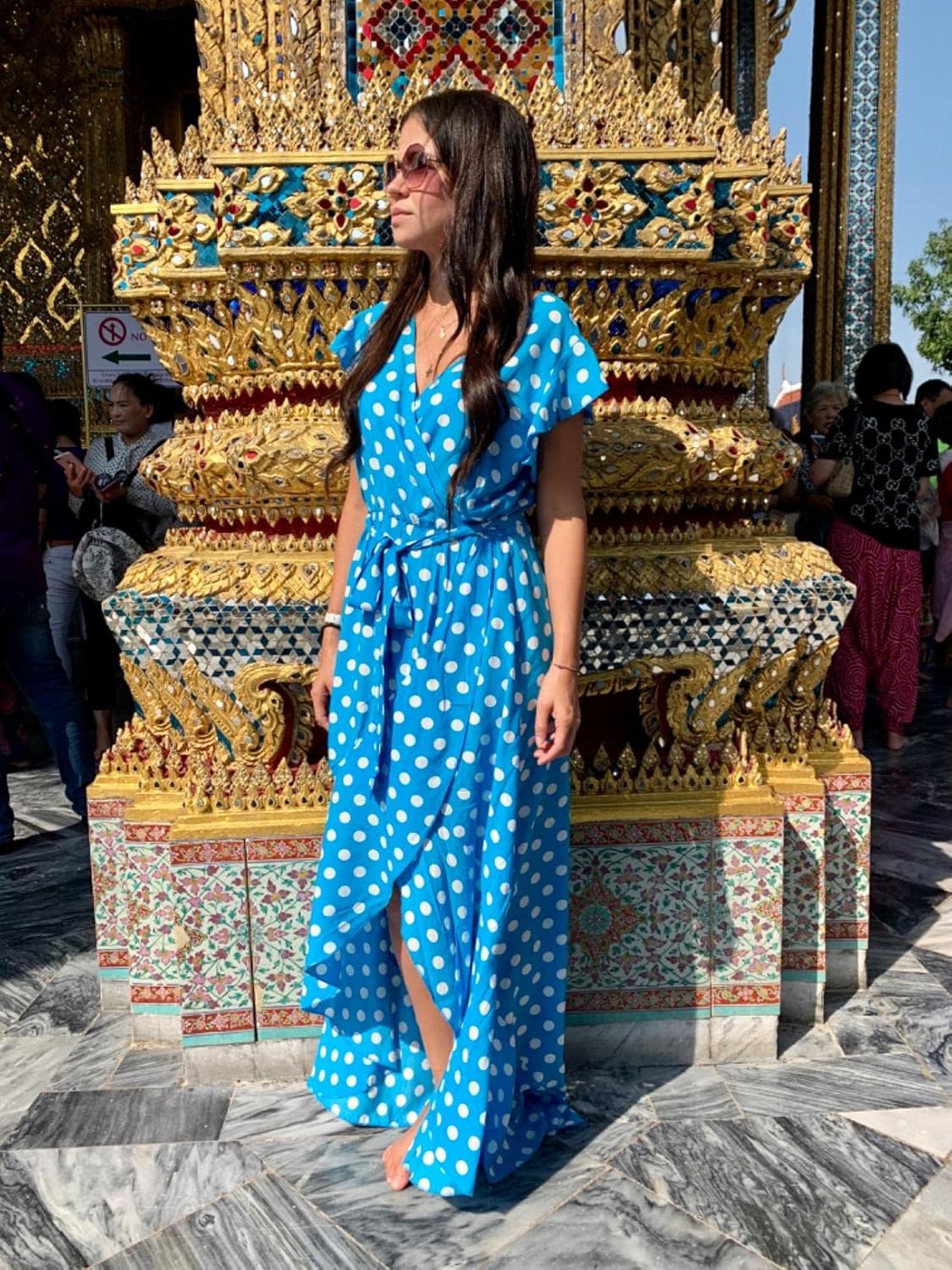 GRECERELLE 2025 Women's Spring Summer Boho Floral Print V-Neck Faux Wrap Maxi Dress for Wedding Guest, Graduation, Party Large 07 Polka Dots-light Blue image 7 of 8 B07V6S6CQC