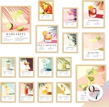 97 Decor Large 11x14 Vintage Cocktail Poster - Colorful Cocktail Wall Art, Retro Bar Cart Decor And Accessories, Cute Apartment Aesthetic Pictures, Cocktails Recipe Art For College Dorm Unframed