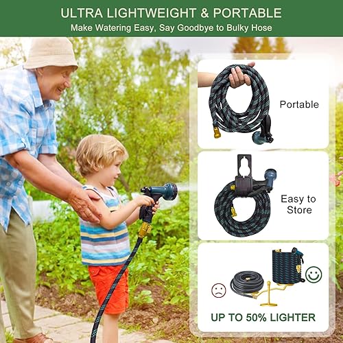 Miniatura 5 de Manguera de jardín no expandible de 50 pies, manguera de agua ligera y flexible con boquilla rociadora de 10 patrones, a prueba de fugas, sin