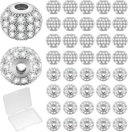 Inbagi 40 cuentas espaciadoras de diamantes de imitación de oro blanco de 0.315 pulgadas (0.315 in), cuentas redondas de circonita cúbica para hacer