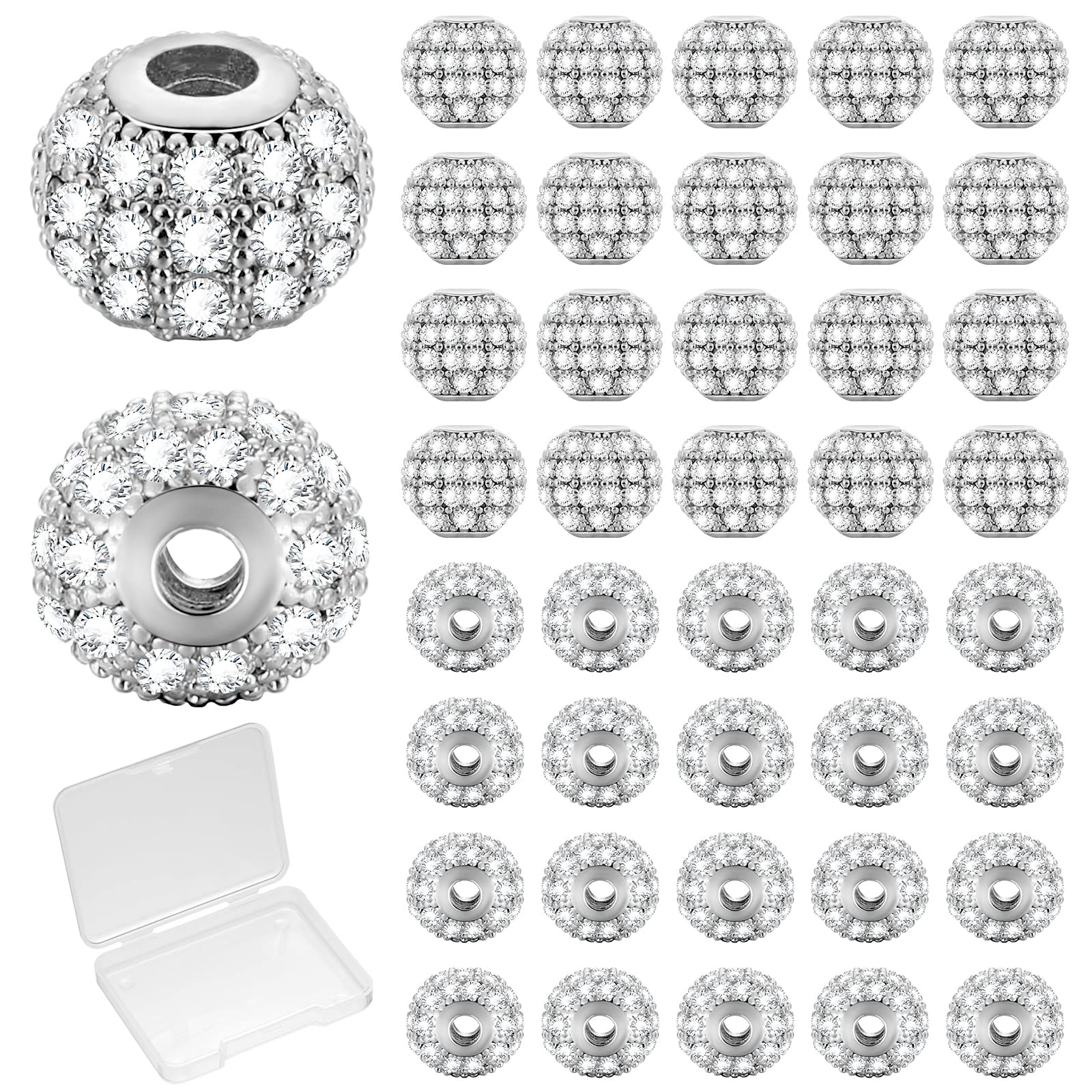 Inbagi 40 Pcs 8 mm White Gold Rhinestone Spacer Beads Round Zirconia Cubic Beads for Jewelry Making Disco Ball Bracelet Charms DIY Necklace Earrings Crafts