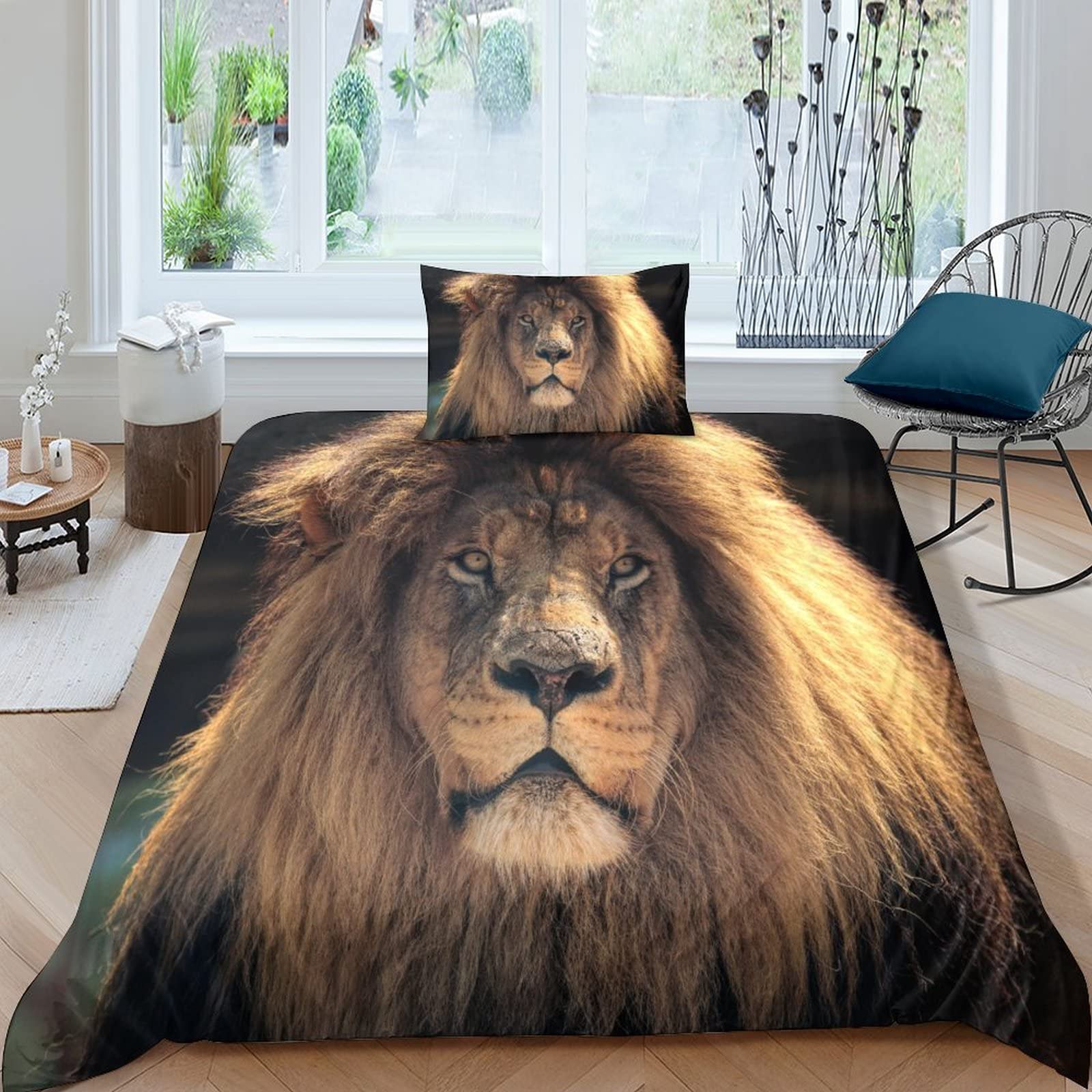 Parure de lit lions 3D en microfibre douce avec housse de couette single pour chambre enfant