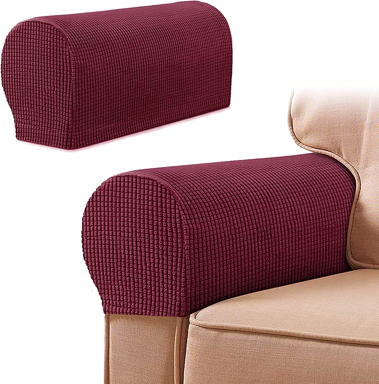Armlehne Stuhlhussen Armlehnenbezüge Weiches Spandex Polyester Armkappen Rutschfester Möbelschutz Stretch Armlehne Bezug für Stuhl Sofa Couch, 2er Set, Braun (Farbe: Gewinderot, Größe: 4 Stück)