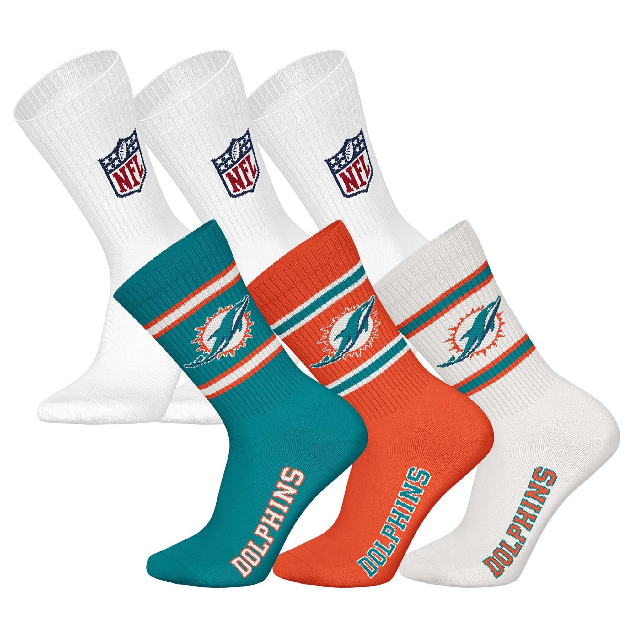 NFL Unisex Team Crew Socks, Miami Dolphins, White, 43-46, Pack of 6