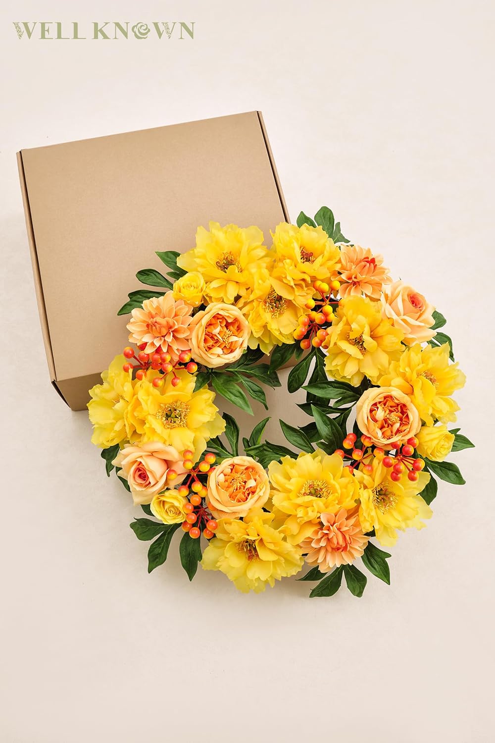 WELL KNOWN Flowering Wreaths for Front Door, Silk Peony Wreath for Front Door Porch & Indoor Wall Window, Fall Winter Wreath for Thanksgiving Farmhouse Party Veterans Day Home Decor (Yellow Orange)
