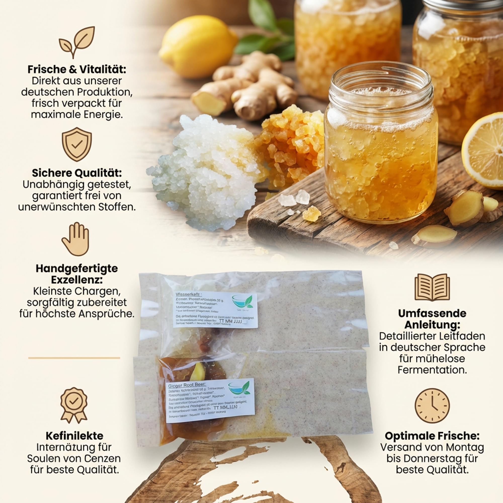 Kefir-for-all Bio-Wasserkefir & Bio-Ginger Root Starterset Kulturen 2x32 g - Lebende Kulturen - 64 g inkl. deutscher Anleitung