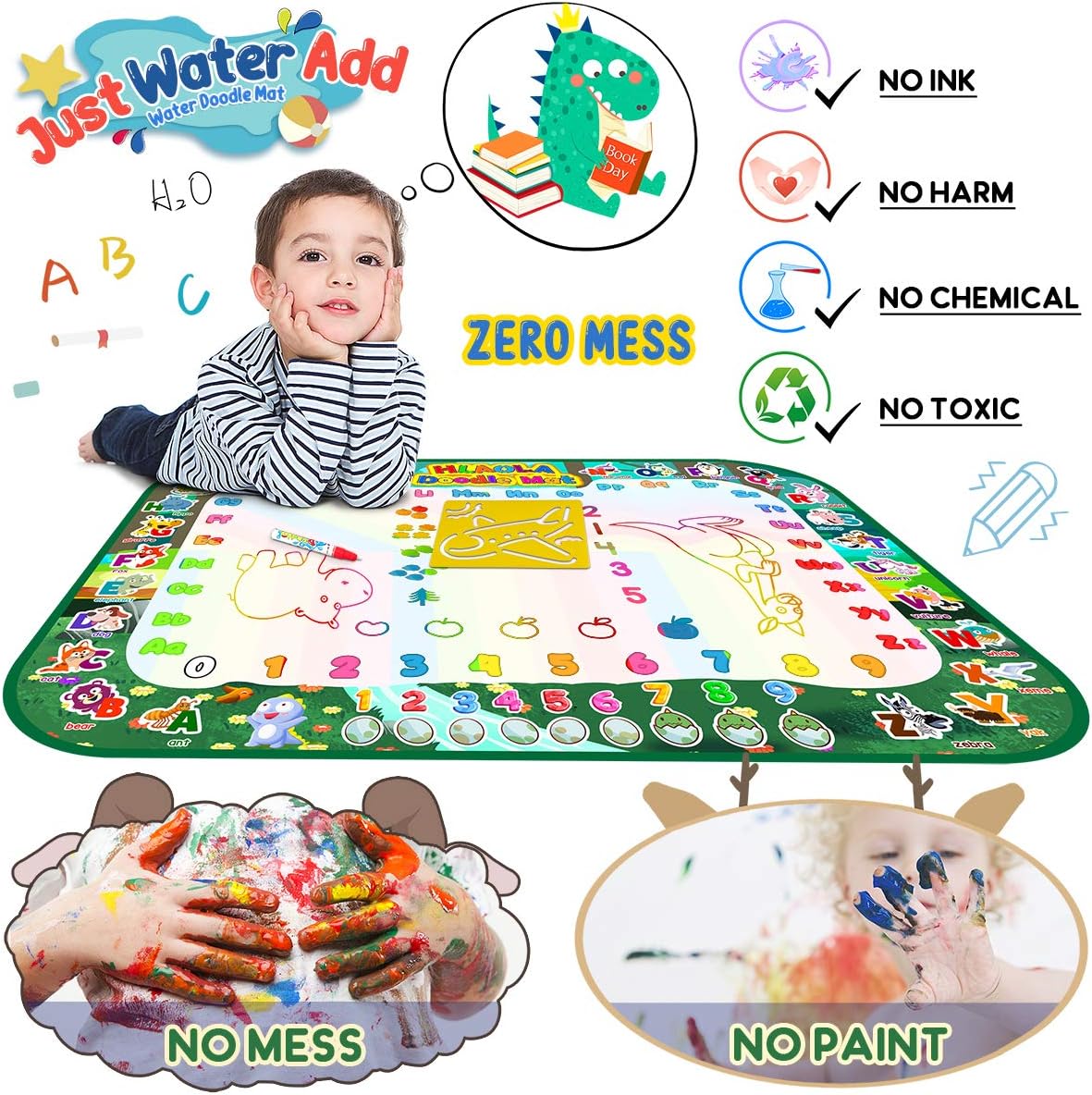 HLAOLA Aqua Magic Doodle Mat 59 x 40 Inches Extra Large Water Drawing Doodling Mat Coloring Mat Writing Educational Toys Gift for Kids Toddlers Boys Girls Age 3 4 5 6 7 8 Year Old (Green)