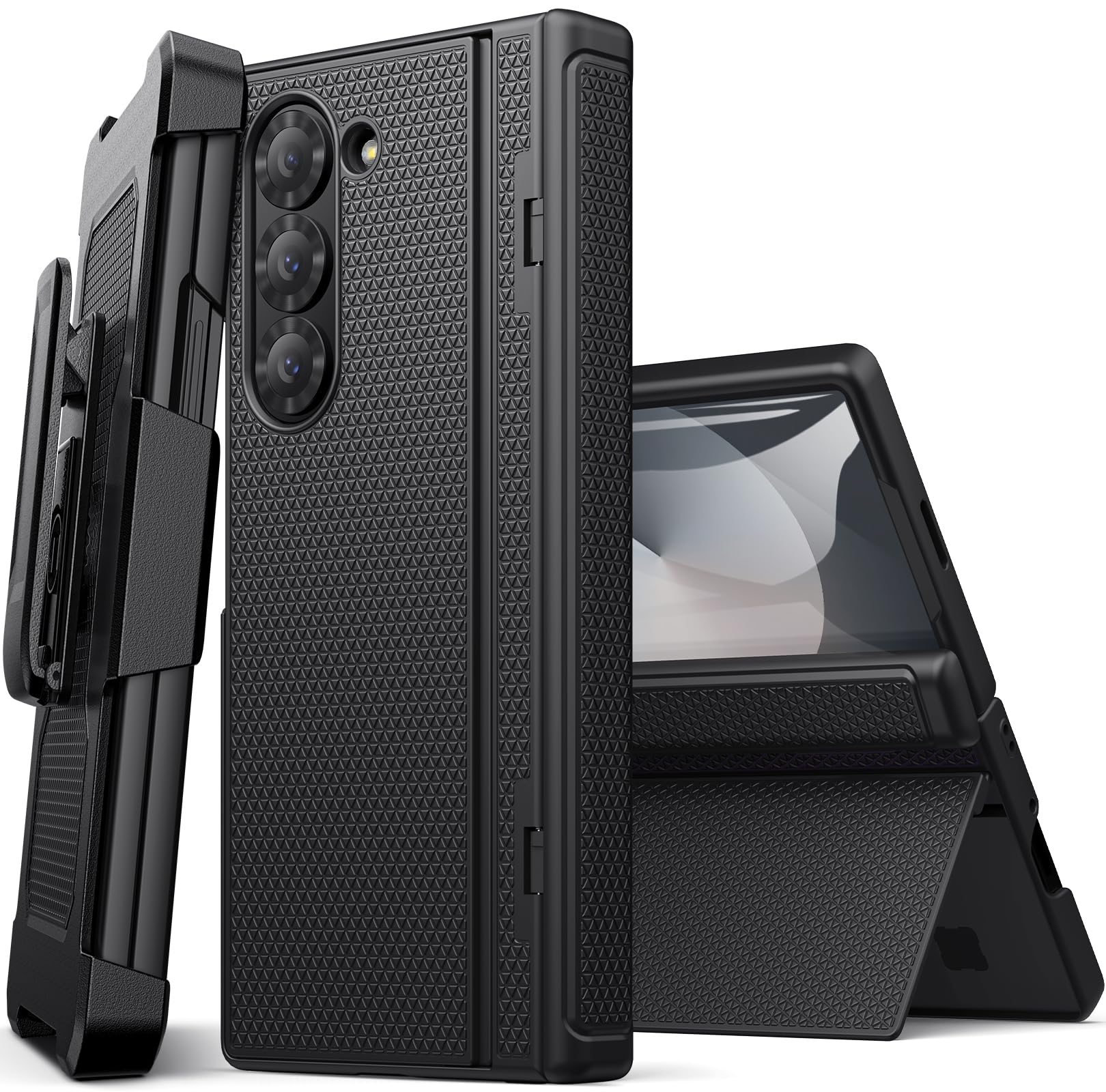 SIXBOX for Samsung Galaxy Z Fold 6 Case with Belt Clip, Kickstand & Screen Protector & Hinge Protection, Slim Fit Rugged Hard 360° Full Body Cover Protective Phone Case for Samsung Z Fold 6, Black