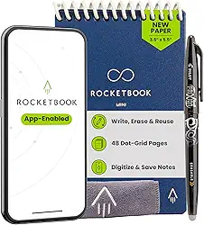 Rocketbook Novo mini bloco de notas inteligente reutilizável, tamanho de bolso 9,5 x 13,5, azul escuro - páginas pontilhadas, conectadas ao aplicativo, apagável, ideal para anotações rápidas em