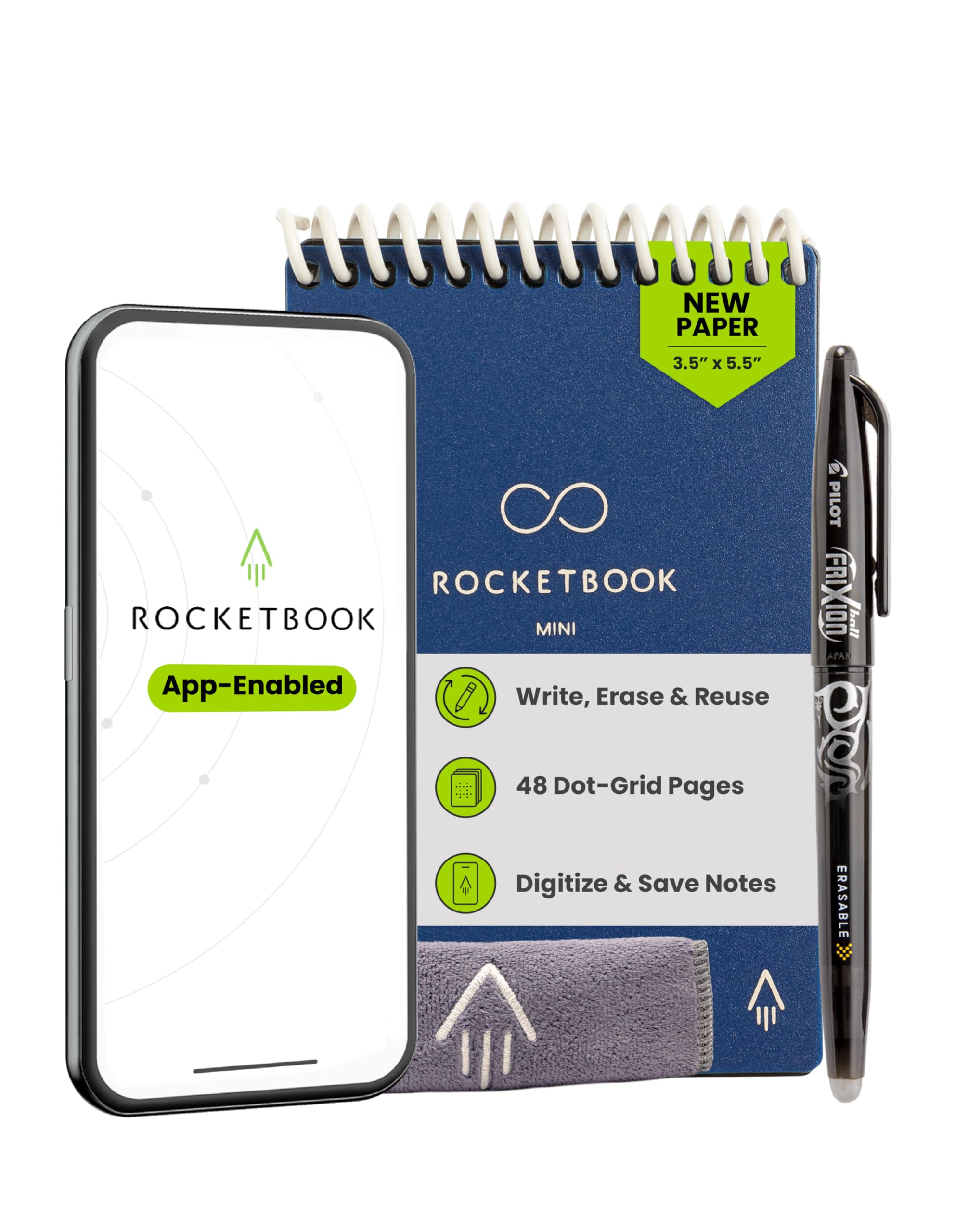 Rocketbook Wiederverwendbarer Mini-Notizblock, Taschenformat, 8,9 x 14,9 cm, Dunkelblau – gepunktete Seiten, App-verbunden, löschbar, ideal für unterwegs und schnelle Notizen überall | Notizbuch für unterwegs im Taschenformat für schnelle Notizen, inklusi