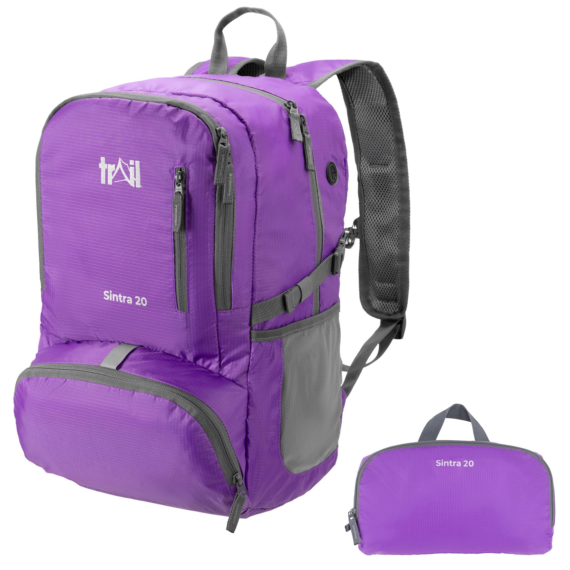 Trail Sintra Ultra Lightweight Folding Backpack 20L, Purple Ultralight Packable Daypack for Travel, Hiking, Camping & Cycling, Lightweight Ripstop Outdoor Rucksack, Chest Strap & Bottle Holders, 370g