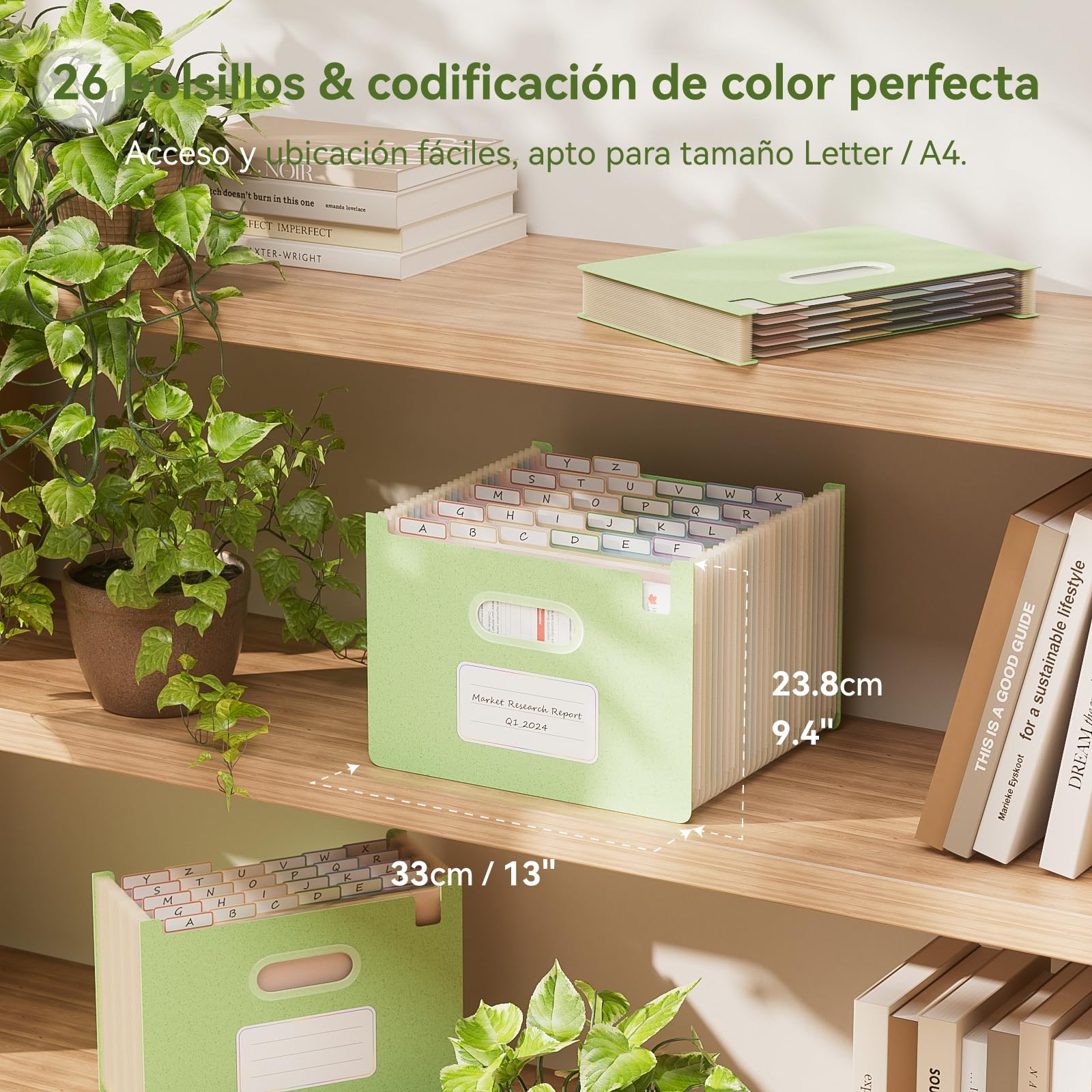 EcoStash Carpeta Clasificadora Acordeón 26 Bolsillos Archivador A4 Paja de Trigo Clasificador Documentos Expandibles Vertical Libre de BPA Verde Menta