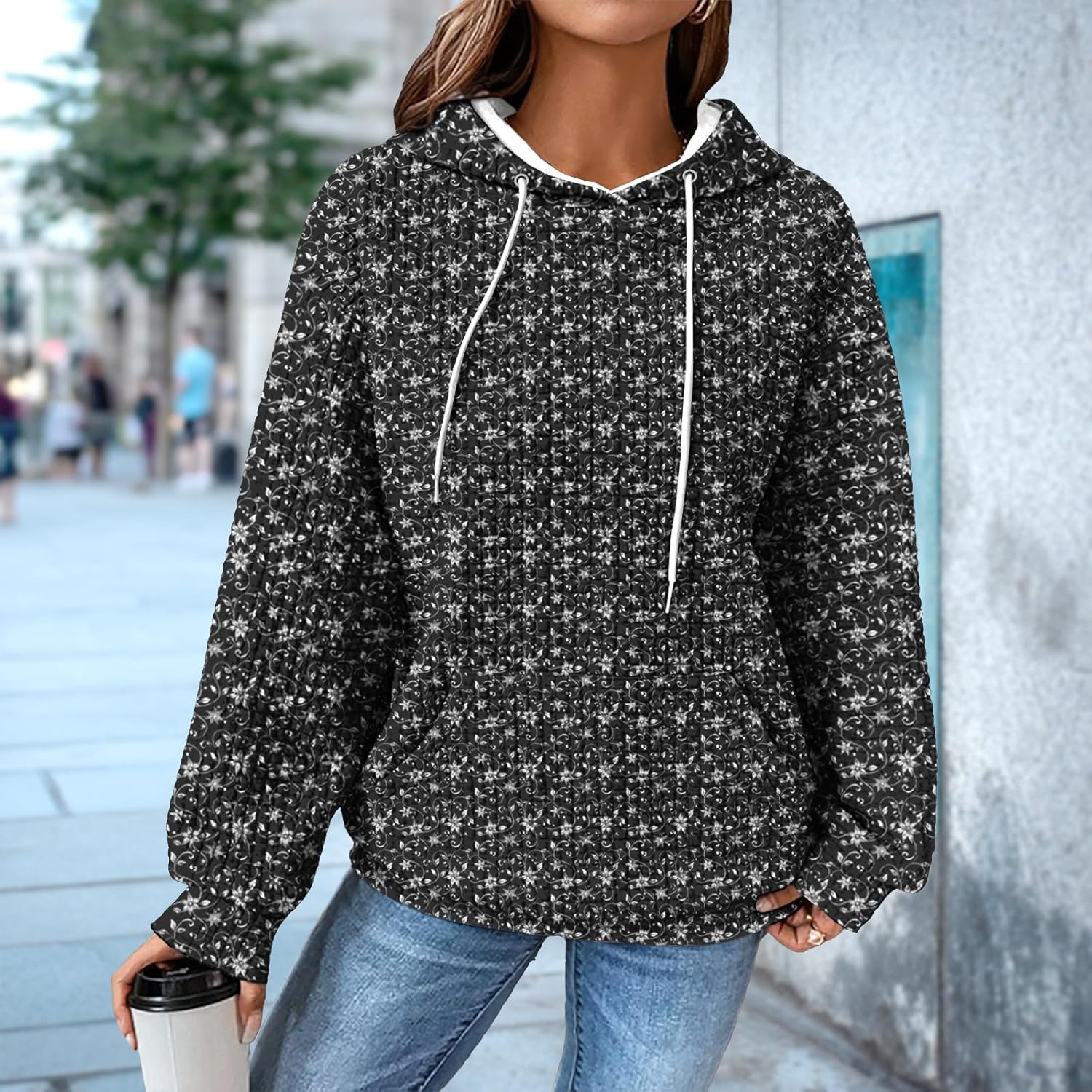 Fall Winter Womens Sweatshirts Trendy Casual Print Waffle Hoodies Comfort Warm Pullover with Pocket Basic Tops - Image 2