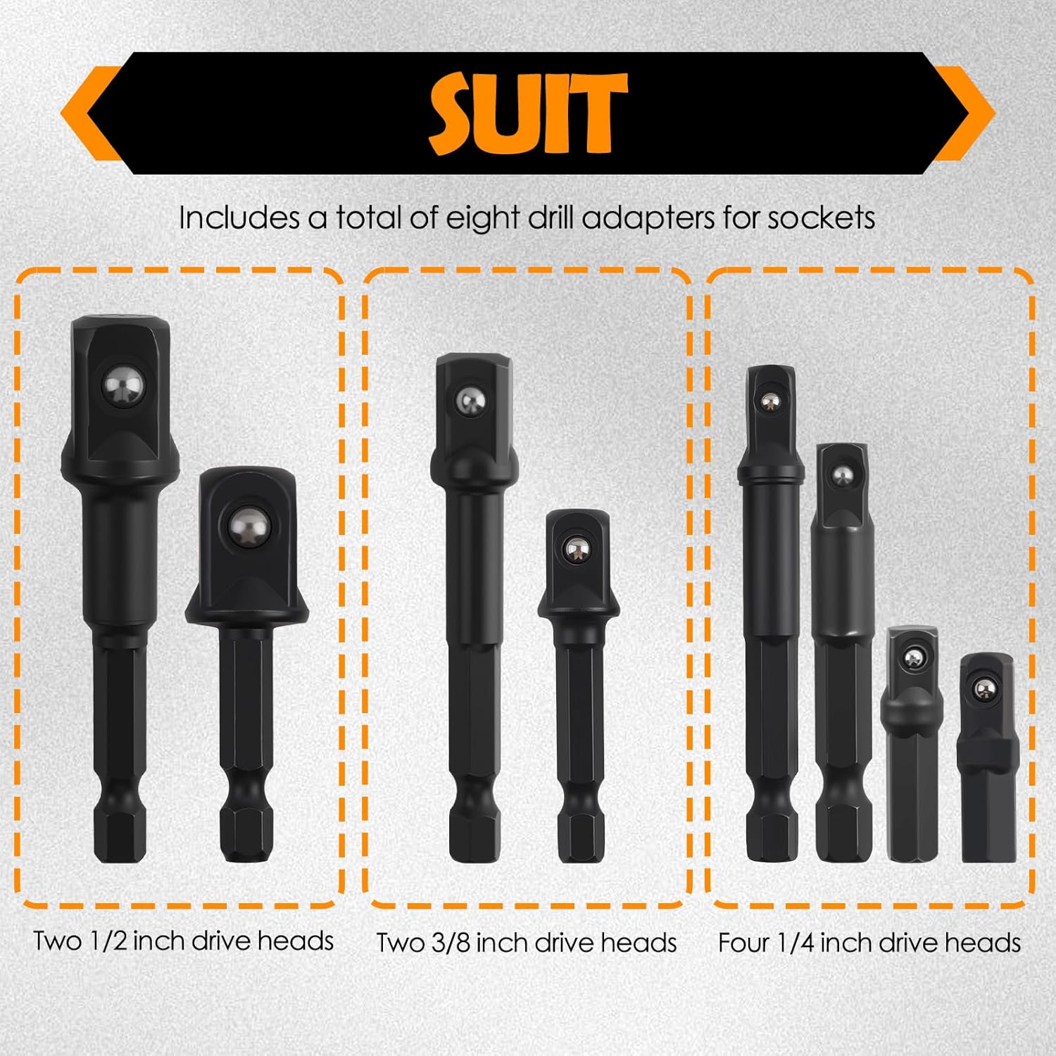 8PCS Drill Socket Adapter Set,1/4" Hex Shank to 1/4" 3/8" 1/2" Impact Socket Adapter Set,High Hardness Sockets Adapters for Drill Fit for Power Drills Impact Driver Wrench