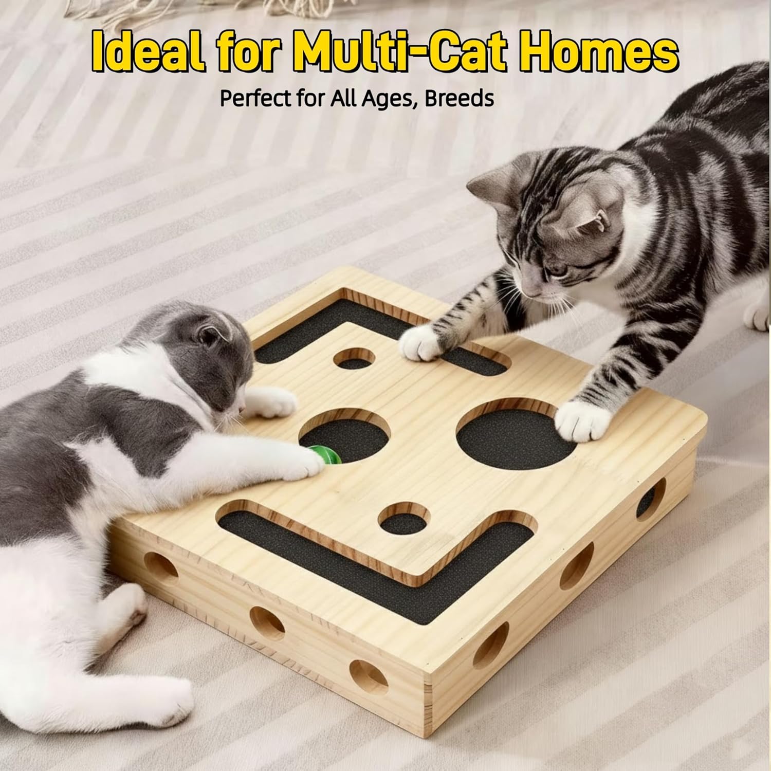 Trynellis Cat Nail File Box for Cats That Hate Trimmers with 3 Sound-Making Toy Ball | Stress-Free Cat Scratch Puzzle Enrichment Toy | Durable Solid Wood Nail Clipper Alternative for Indoor Multi-Cats