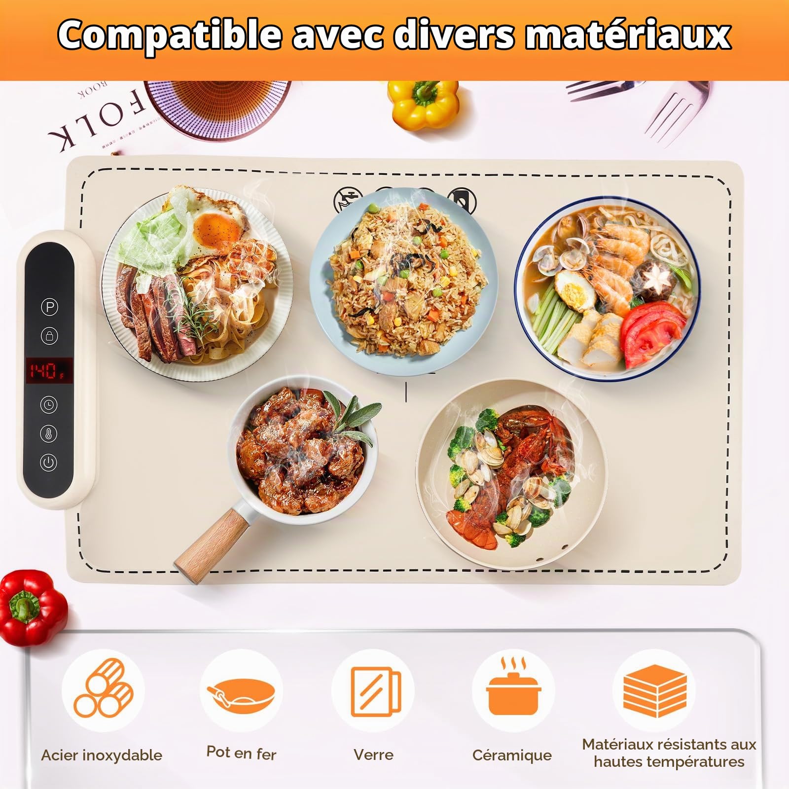 Chauffe Plat Electrique, Plaque Chauffante Electrique avec 6 Niveaux Temp., Minuteur de 4 Heures, Plaque Chauffante Pliable Flexible, 61 * 40cm Chauffe Plat pour Buffets Fêtes Banquet