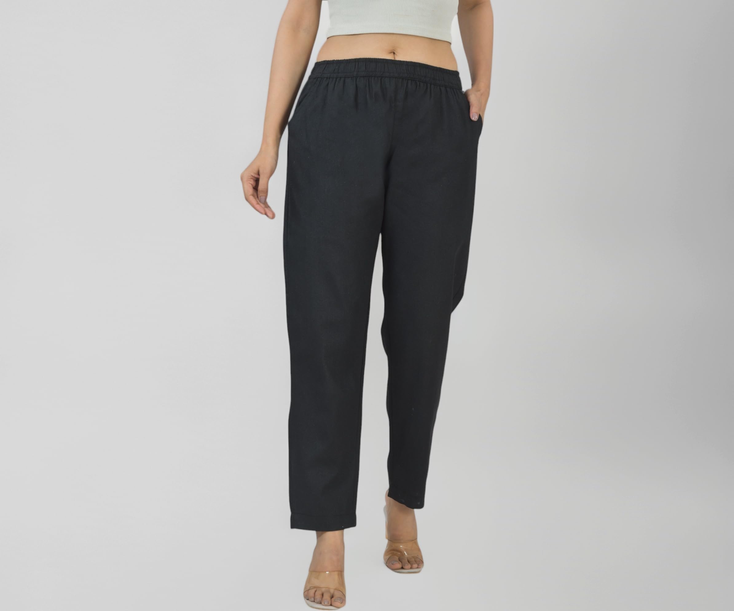 Women's Cotton Linen Pants, Regular Fit, Fully Elasticated, 2 Side Pockets
