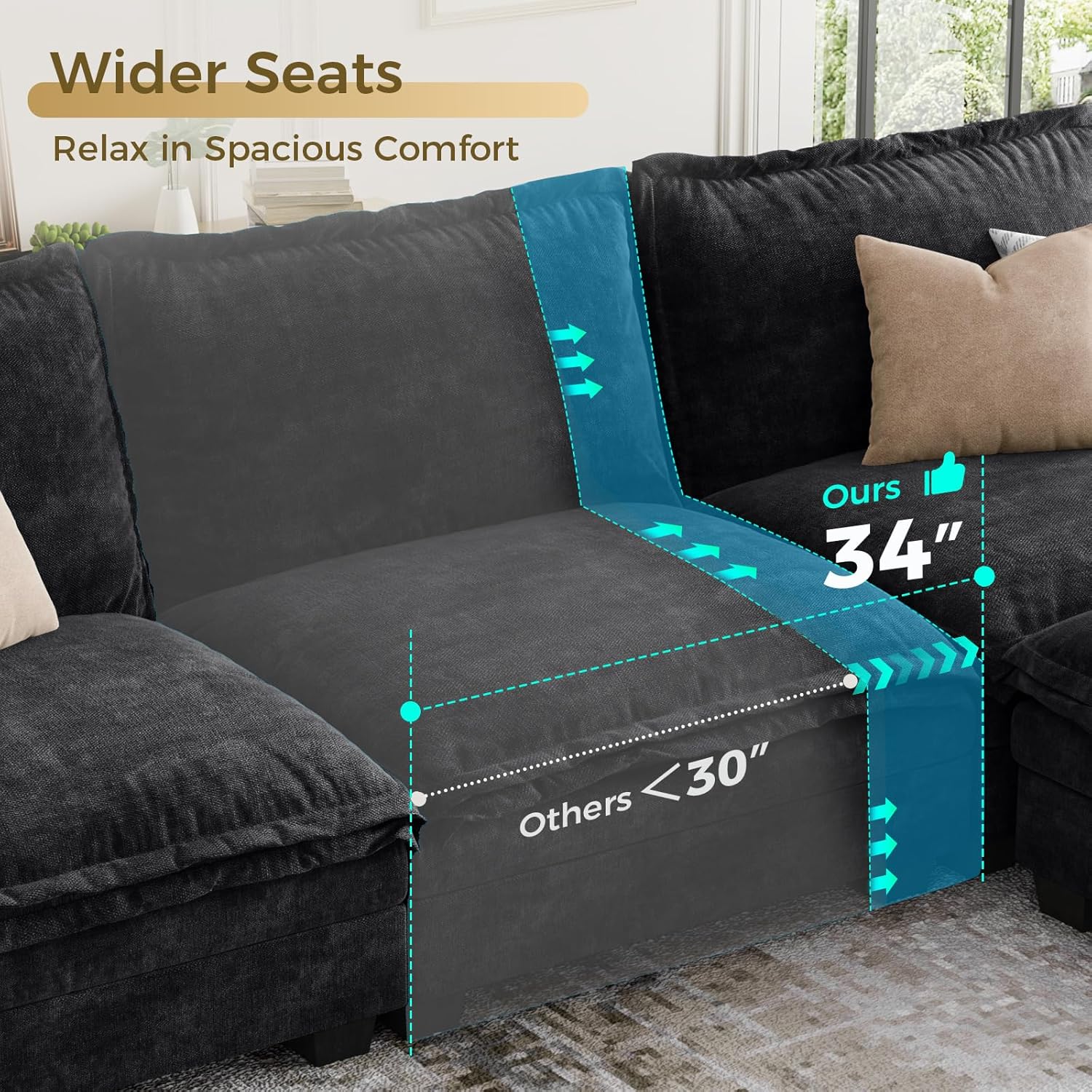 KKL 89 Inch Modular Sectional Sofa, 2 Seater Loveseat Cloud Couch with Deep Seat, Chenille Sectional Couches for Living Room, Apartment, Black