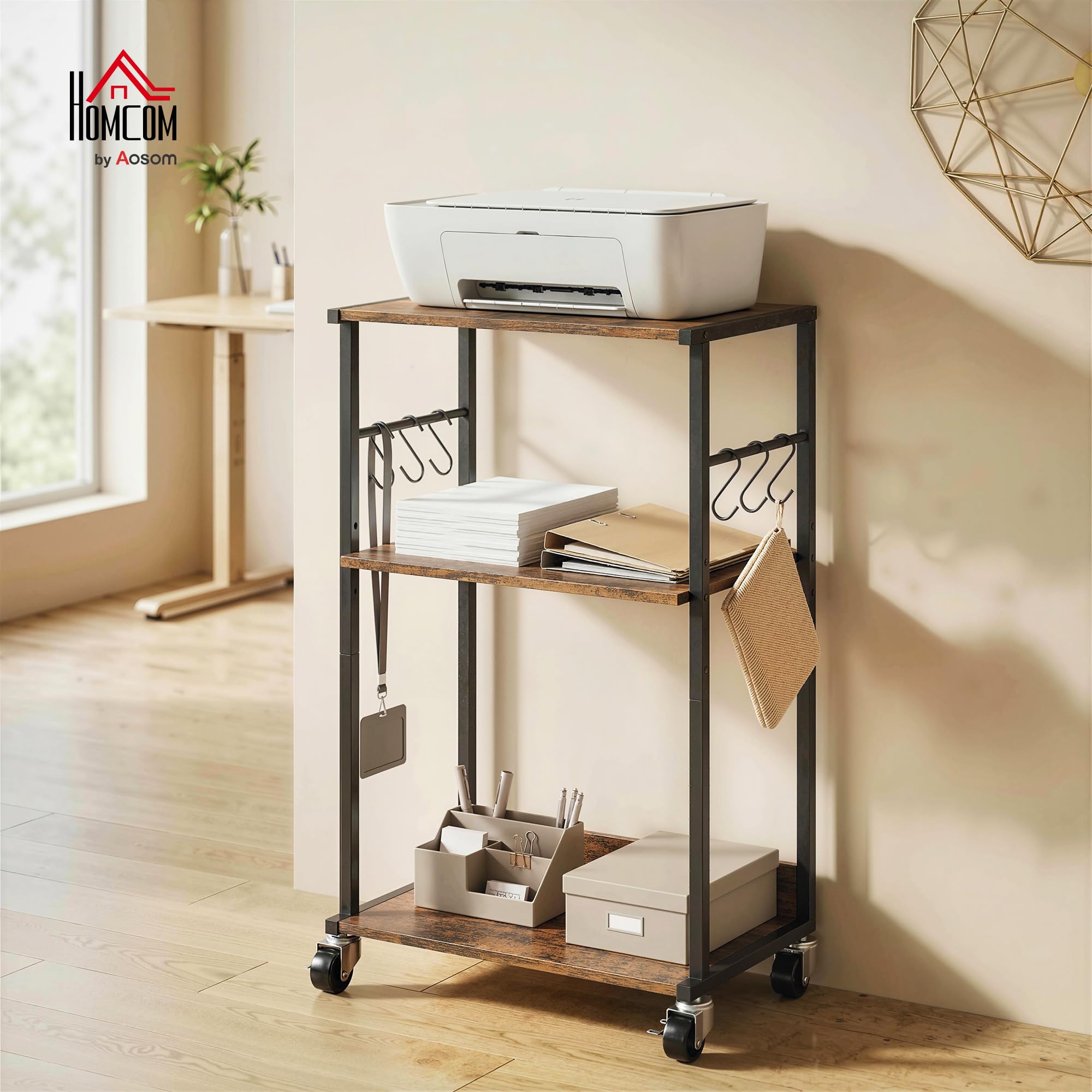 HOMCOM Carrello Porta Stampante a 3 Livelli, Supporto Stampante con Ruote con Freno e 6 Ganci, Salvaspazio in Metallo e Legno, per Casa, Studio, Ufficio, Industriale, 43x30x82cm, Marrone Rustico