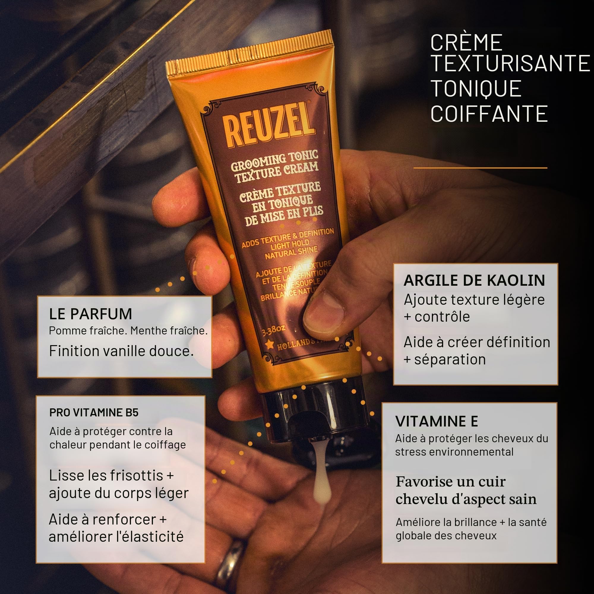 Reuzel Grooming Tonic Texture Cream, tenue moyenne et définition, texture bouclée et brillance, protection contre la chaleur pour tous les types de cheveux, 100 ml