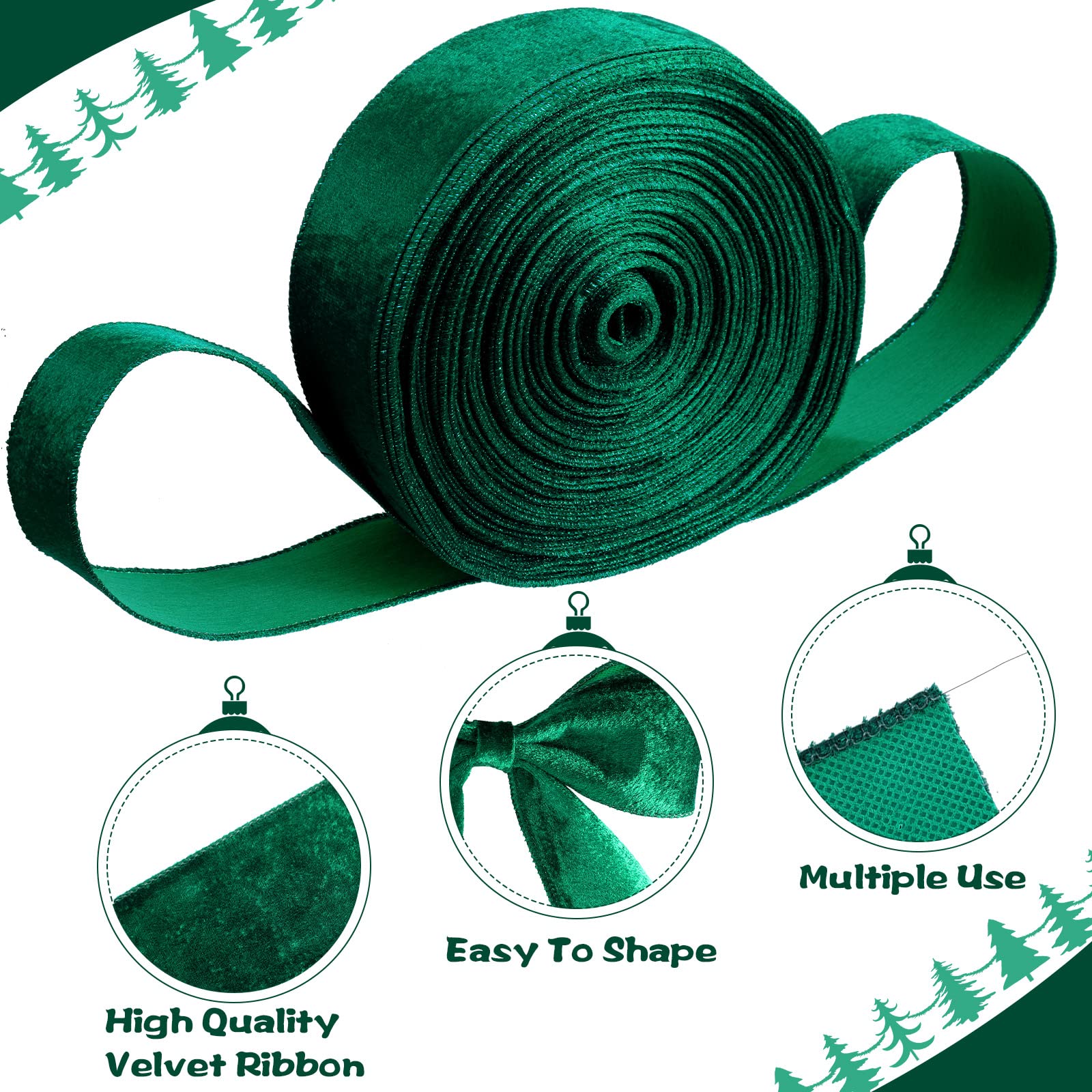 45,7 m 6,3 cm Weihnachts-rotes Samtband, Stoff, dekoratives Band, Geschenkverpackungsband für DIY, Handwerk, Weihnachten, Urlaub, Schleifen, Kranz, Hochzeit, drinnen und draußen (grün)