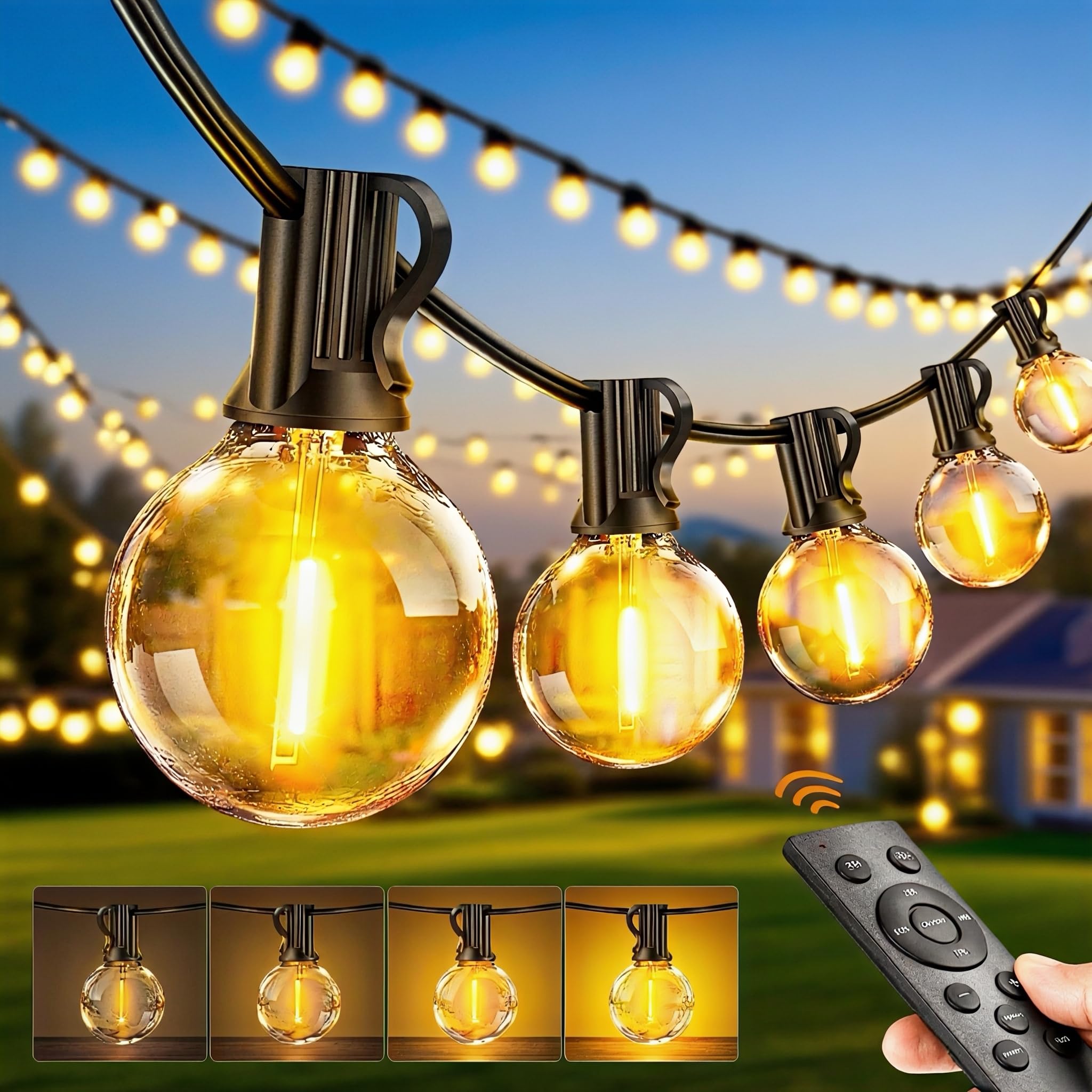 Pbgmrt Warm White 150Ft/45M Outdoor String Lights Mains Powered G40 Garden Festoon Lights Dimmable With Remote Control 45+2 Shatterproof Led Bulbs 3 Modes & 2 Timer Settings Waterproof For Outdoor Patio Gazebo