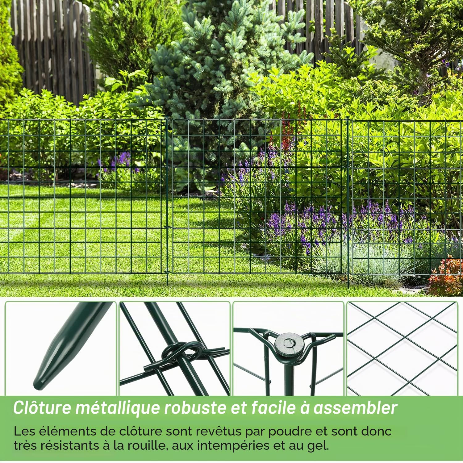 Clôture d'étang clôture de jardin en métal enclos ouverts clôtures grillagées enclos pour lapins clôture pour chiens étang 22 pièces 10 éléments de clôture et 12 barres de fixation (droites)