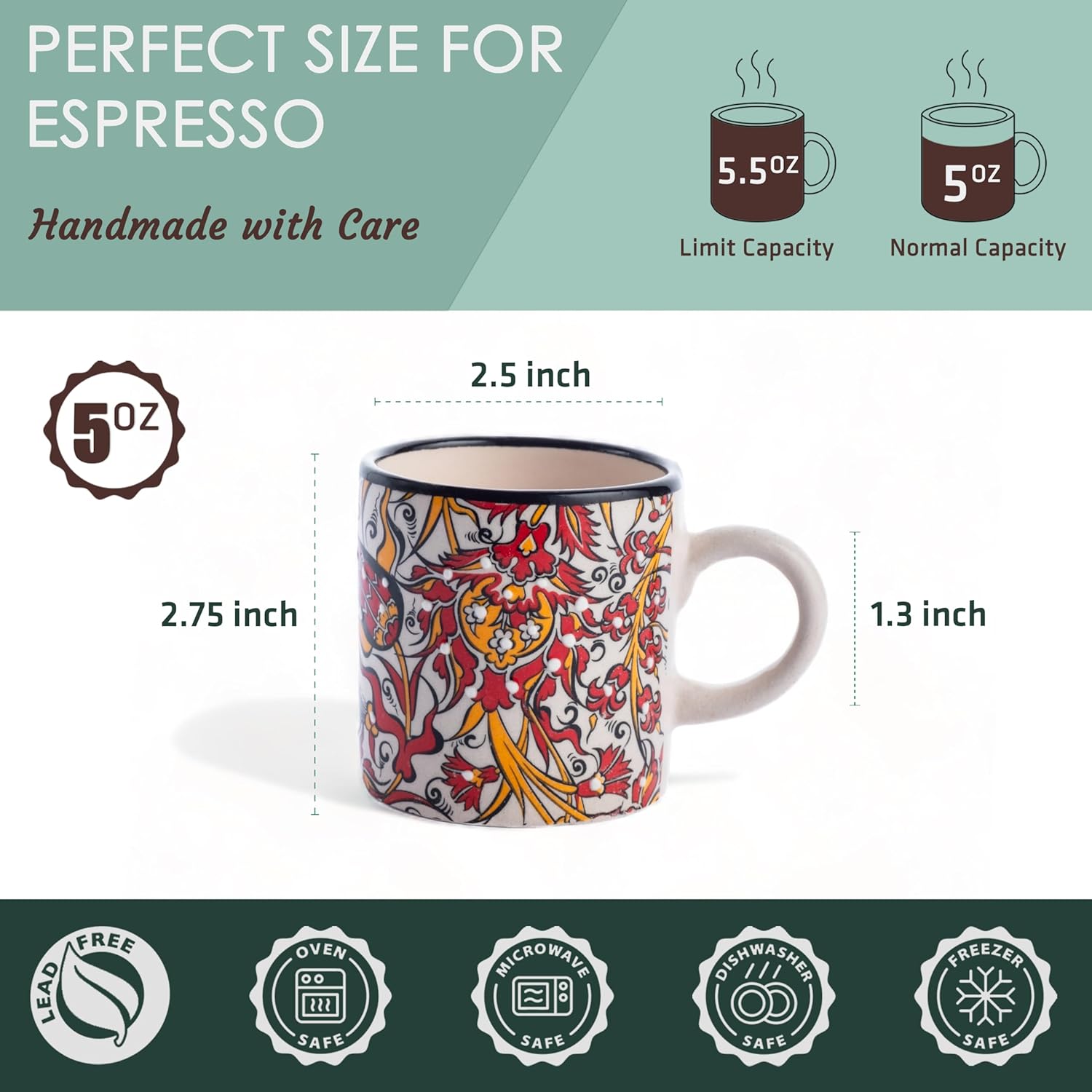 Ceramic Espresso Cups, 5 Oz Espresso Cups Set of 4, Handmade Espresso Cup, 2.75 Inch Espresso Mugs, Multicolor Demitasse Cups, Microwave & Dishwasher Safe Espresso Mugs, Coffe Mug (IZNIK CARNATION)