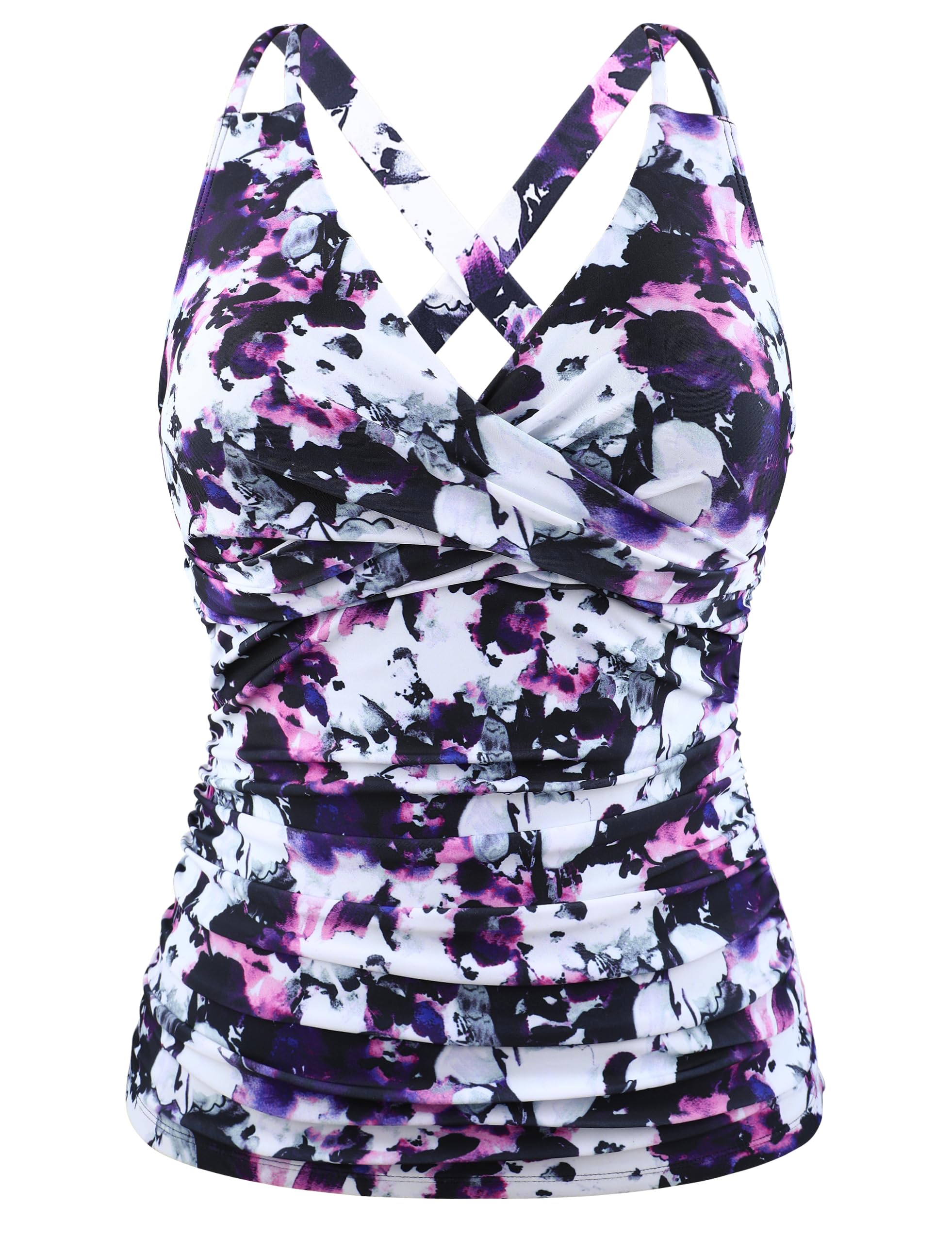 Hilor Womens Tankini Tops Underwire Swimsuits Ruched Tummy Control Tankini Bathing Suits Crossover V Neck Swim Top Only