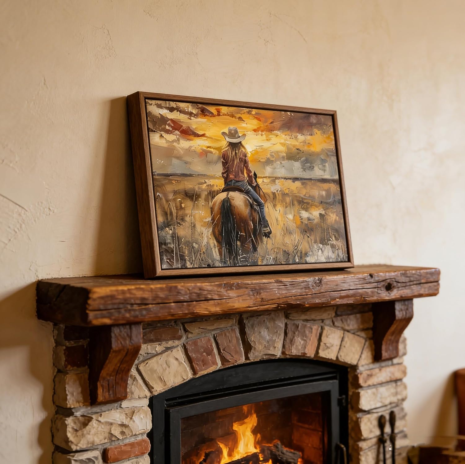 Paivovi Framed Western Cowgirl Riding Horse Canvas Wall Art Cowgirl Wall Decor Pictures Sunset Countryside Landscape Painting Print Vintage Artwork for Living room bedroom country decoration 12x16 in