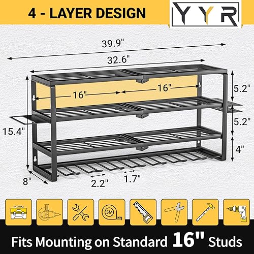 Miniatura 6 de YYR Organizador de herramientas eléctricas de 4 capas para montaje en pared, estante de almacenamiento para taladro inalámbrico, soporte de