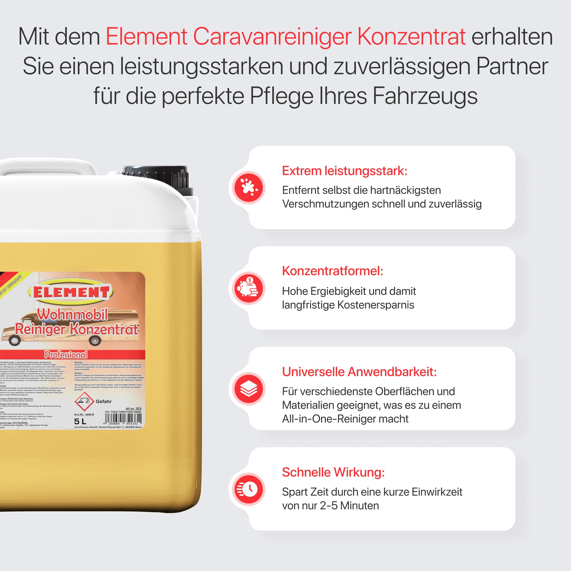 Element Detergente per roulotte, concentrato, pulitore per roulotte, detergente per camper, 5 litri, detergente per teloni, pulitore per barche, pulitore per autobus, rimuove facilmente lo sporco più
